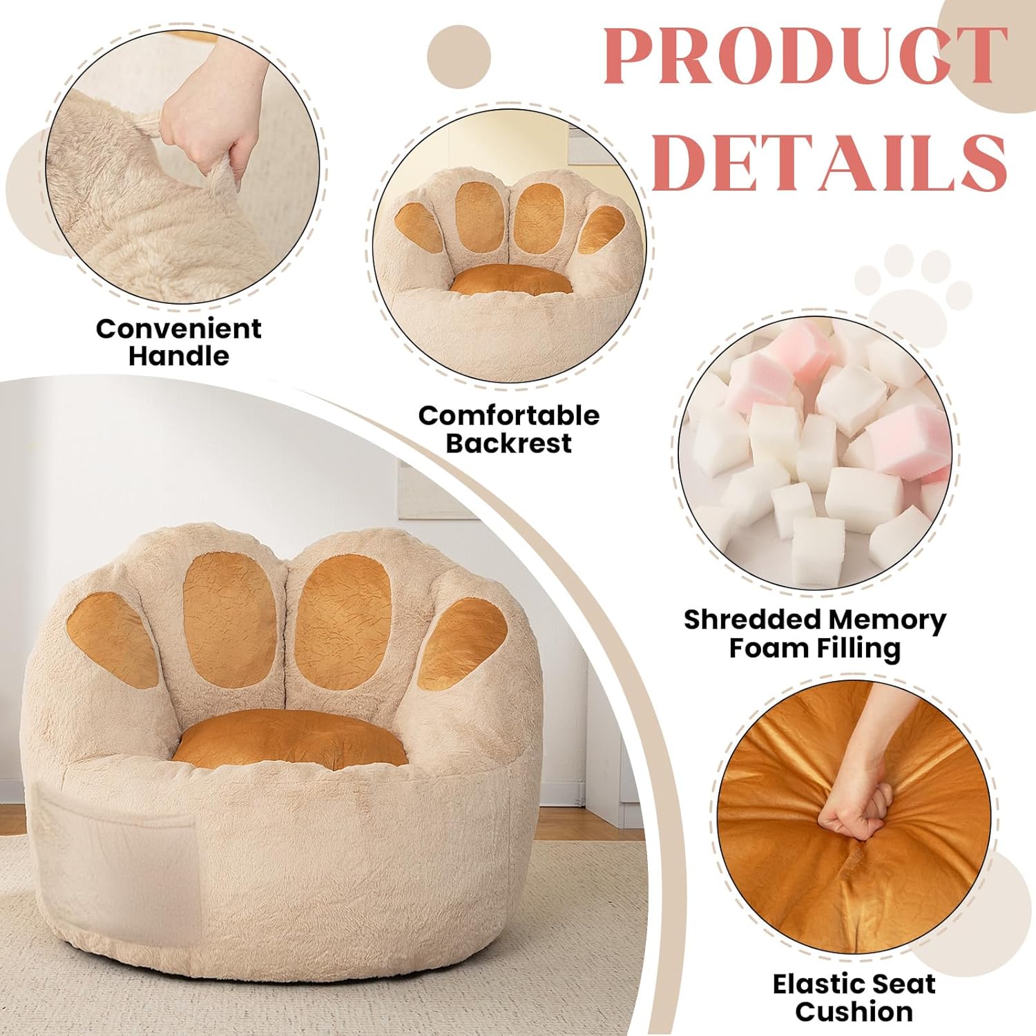 Achicsofar Bean Bag Chair for Adults Teens, Gaint Faux Fur Cat's Paw Shape Beanbag Chairs Memory Foam Filled Accent Floor Sofa for Reading, Gaming, Relaxing in Living Room, Bedroom, Dorm