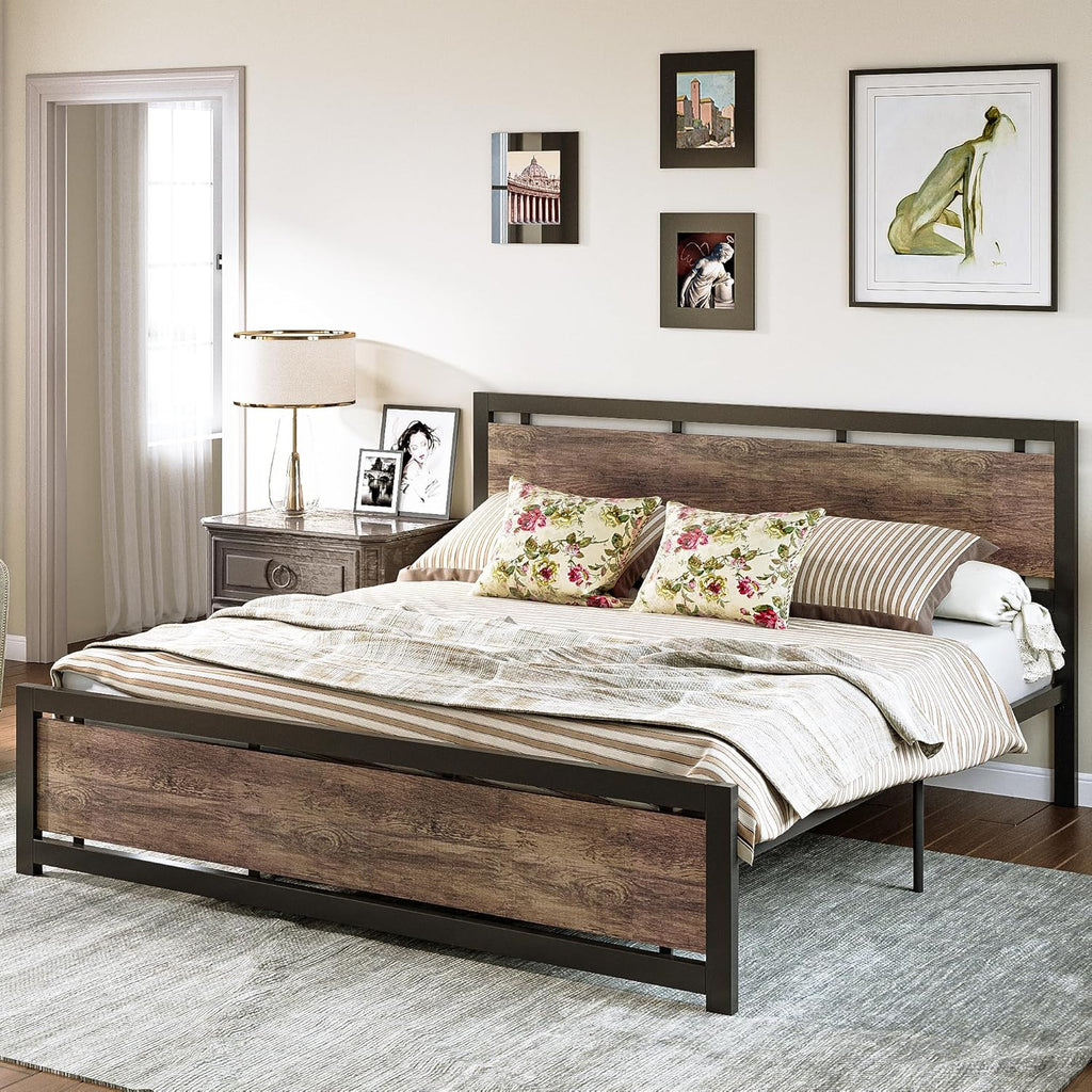 LIKIMIO King Bed Frame with Headboard and Footboard, Metal Strong Supports, Easy Assembly, Noise-Free, No Box Spring Needed, Walnut