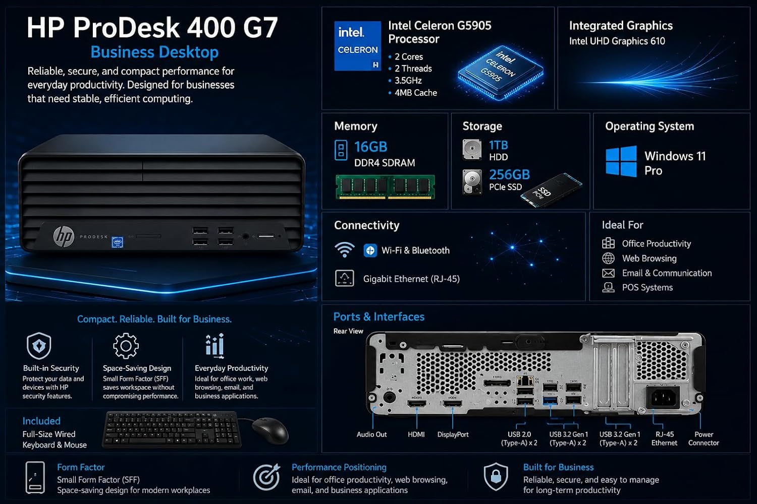 HP ProDesk 400 SFF Business Desktop Computer, Intel CPU, 16GB RAM, 1TB HDD + 256GB PCIe SSD, Dual 4K Display Support, Type-C, DisplayPorts, Wi-Fi, HDMI, Wire Keyboard & Mouse, Windows 11 Pro