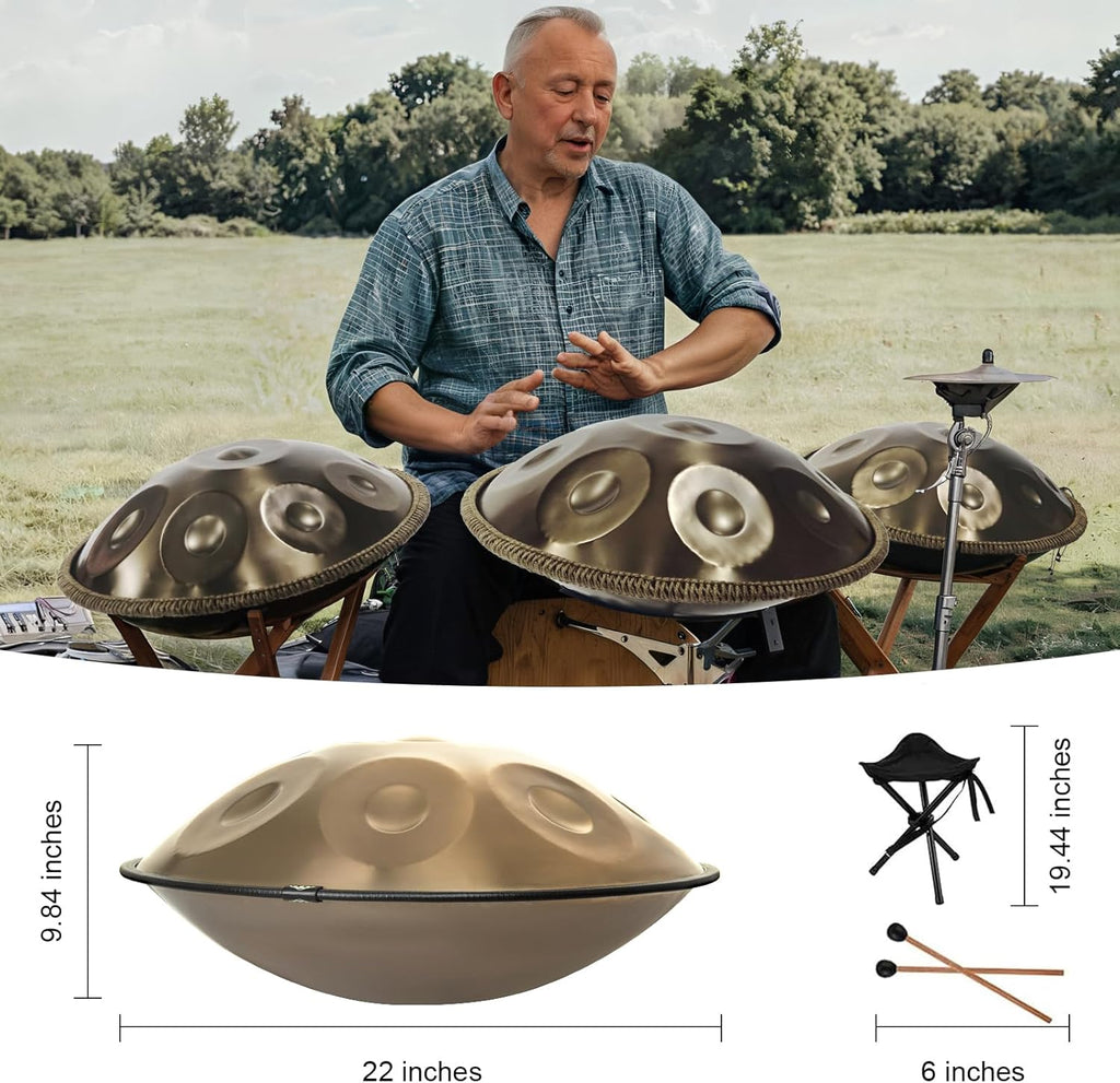 Handpan Drum 22 Inches D Minor Kurd, 432Hz 10 Notes Hand Drum Instrument, Premium Steel Drum, Handpan Instrument for Adults (Gold)