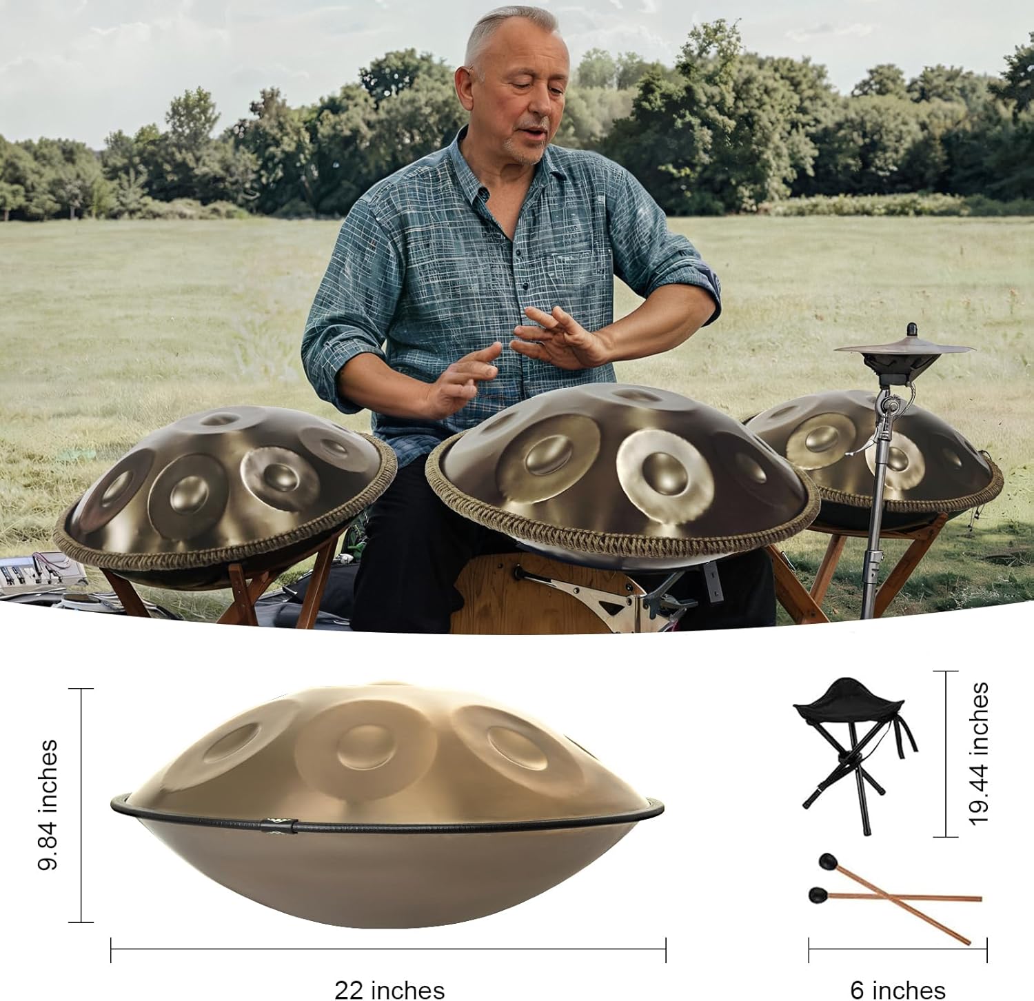Handpan Drum 22 Inches D Minor Kurd, 432Hz 10 Notes Hand Drum Instrument, Premium Steel Drum, Handpan Instrument for Adults (Gold)