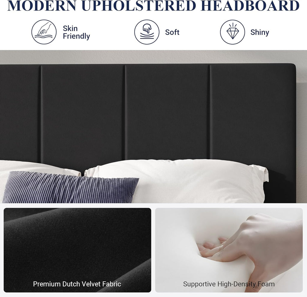 Allewie Full Size Dutch Velvet Upholstered Platform Bed Frame/Vertical Channel Tufted Adjustable Headboard/Low Profile Bed Frame/No Box Spring Needed/Easy Assembly/Black