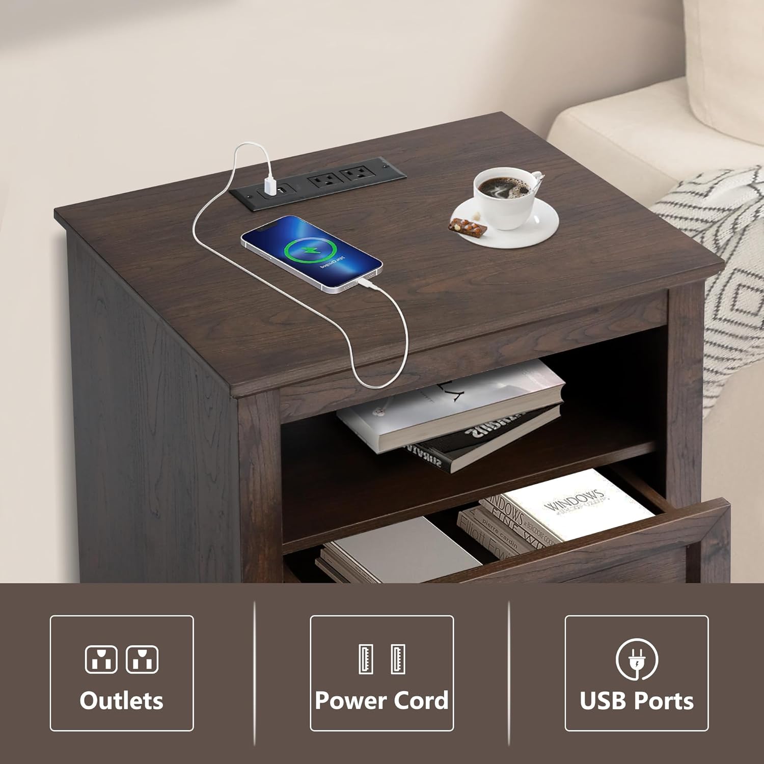 LOUVIXA Farmhouse Bedroom Sets of 4, 4Pcs Farmhouse Dresser Set .Including 9 Drawer Dresser, 5 Drawer Dressers and Nightstand Set of 2 with Charging Station (Brown Sets, 4 Pieces)