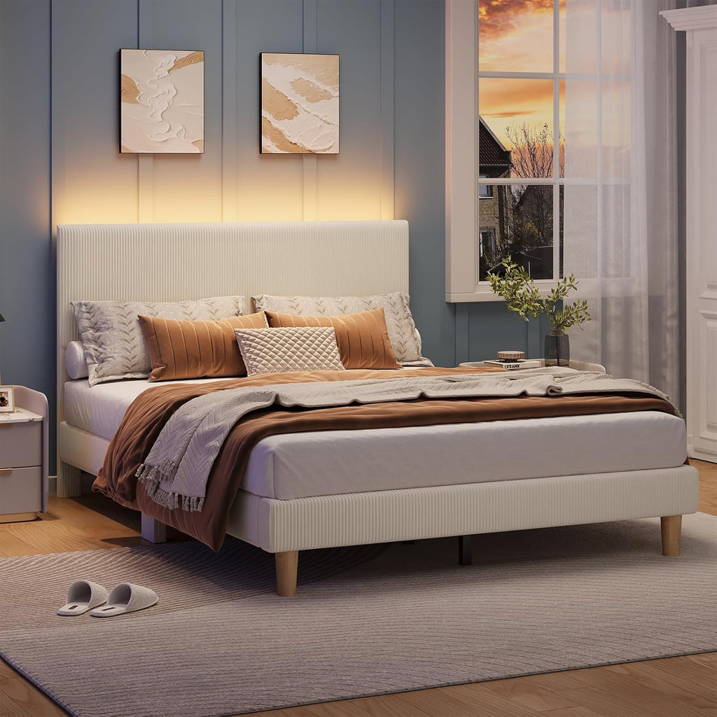 Bestier Queen Bed Frame with Headboard,Platform Queen Size Bed Frame with LED Lighting,Bed Frame Wooden Slats Support,No Box Spring Needed,Never Squeaks, Easy Assembly,Beige