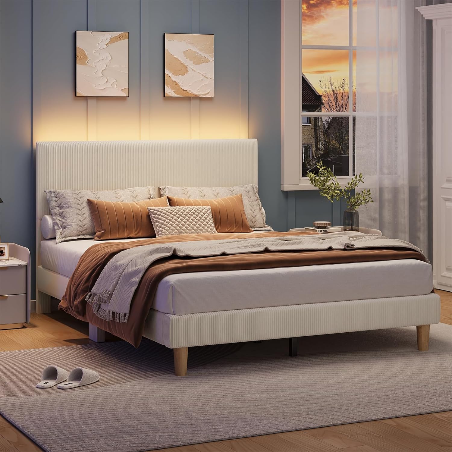 Bestier Queen Bed Frame with Headboard,Platform Queen Size Bed Frame with LED Lighting,Bed Frame Wooden Slats Support,No Box Spring Needed,Never Squeaks, Easy Assembly,Beige