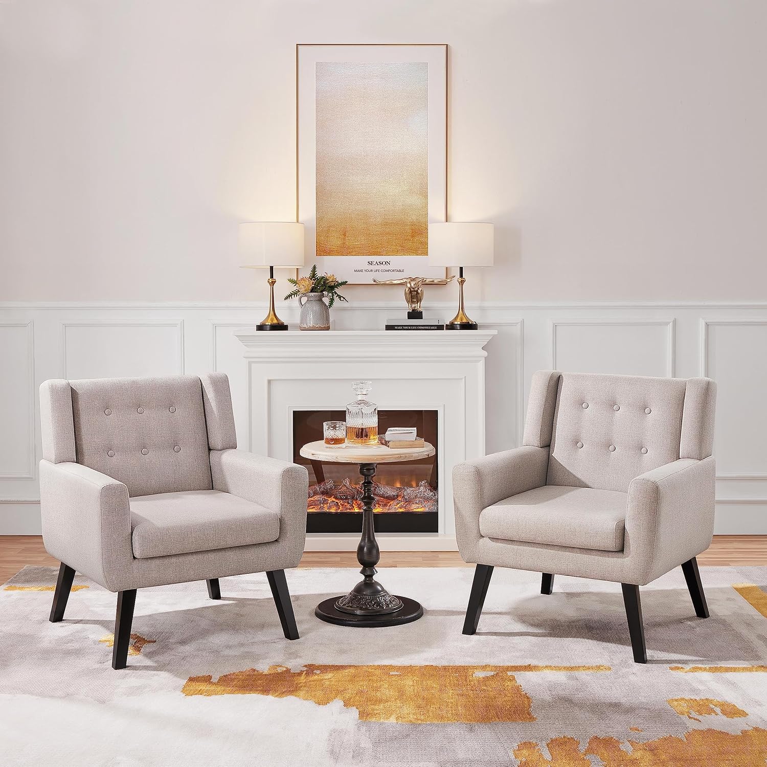 Yaheetech Accent Chair, Modern Button Tufted Armchair, Linen Fabric Sofa Chairs for Living Room Bedroom, Mid-Century Comfy Reading Chair, Beige