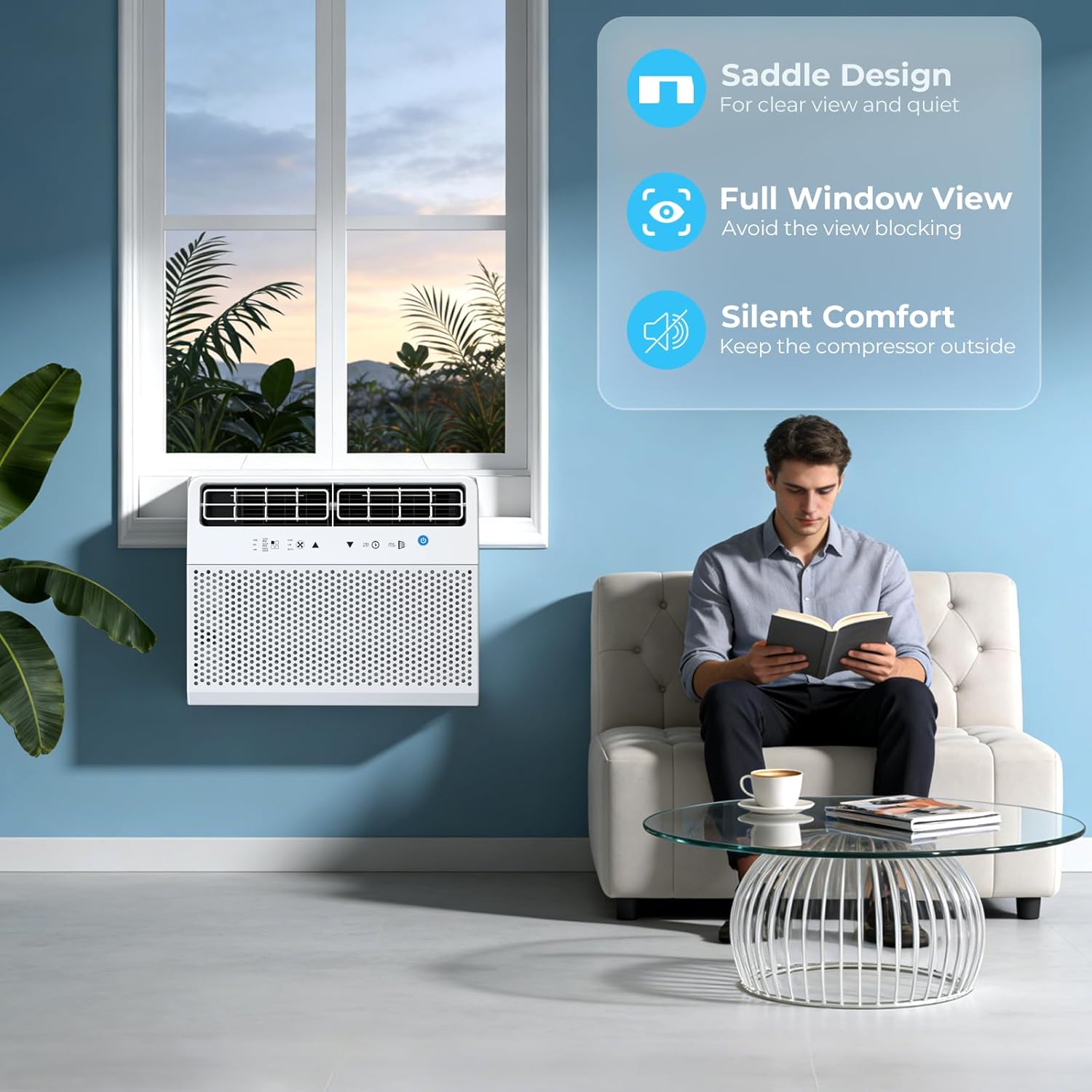 12,000 BTU U-Shaped Window Air Conditioner, Window AC Unit with Dehumidifier, Cools Up to 550 Sq. Ft for Large Rooms, Saddle AC Unit with Full Window View, 4 Fan Speeds, 24H Timer, Sleep Mode