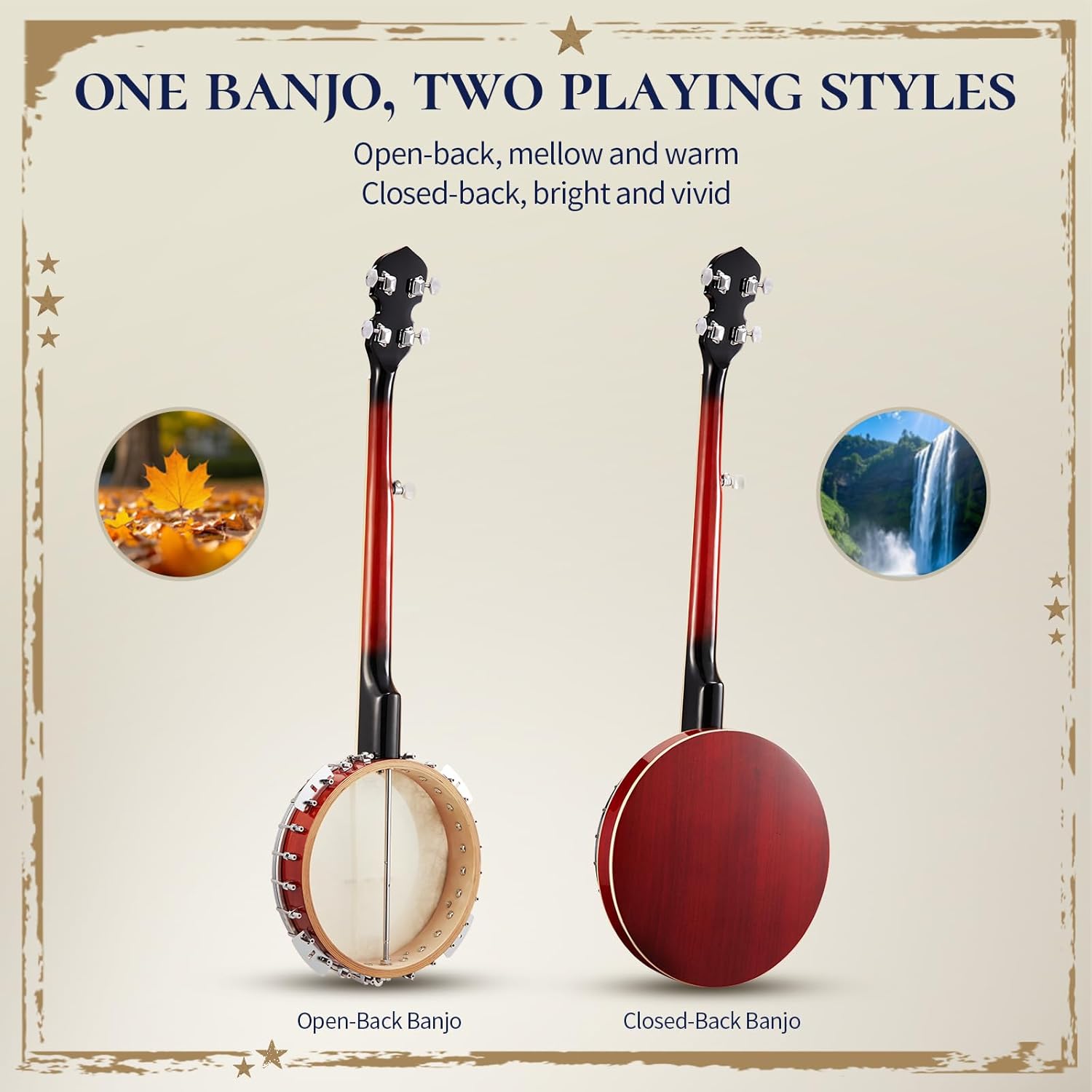 AKLOT Full-Sized Banjo with Remo Head: 38'' 5 String Banjo Set with Removable Resonator, Geared 5th Tuner, 24 Brackets, Deluxe Beginner Kit with Gig Bag, Strings, Strap, Picks, Tuner, Bridge Ruler（01）