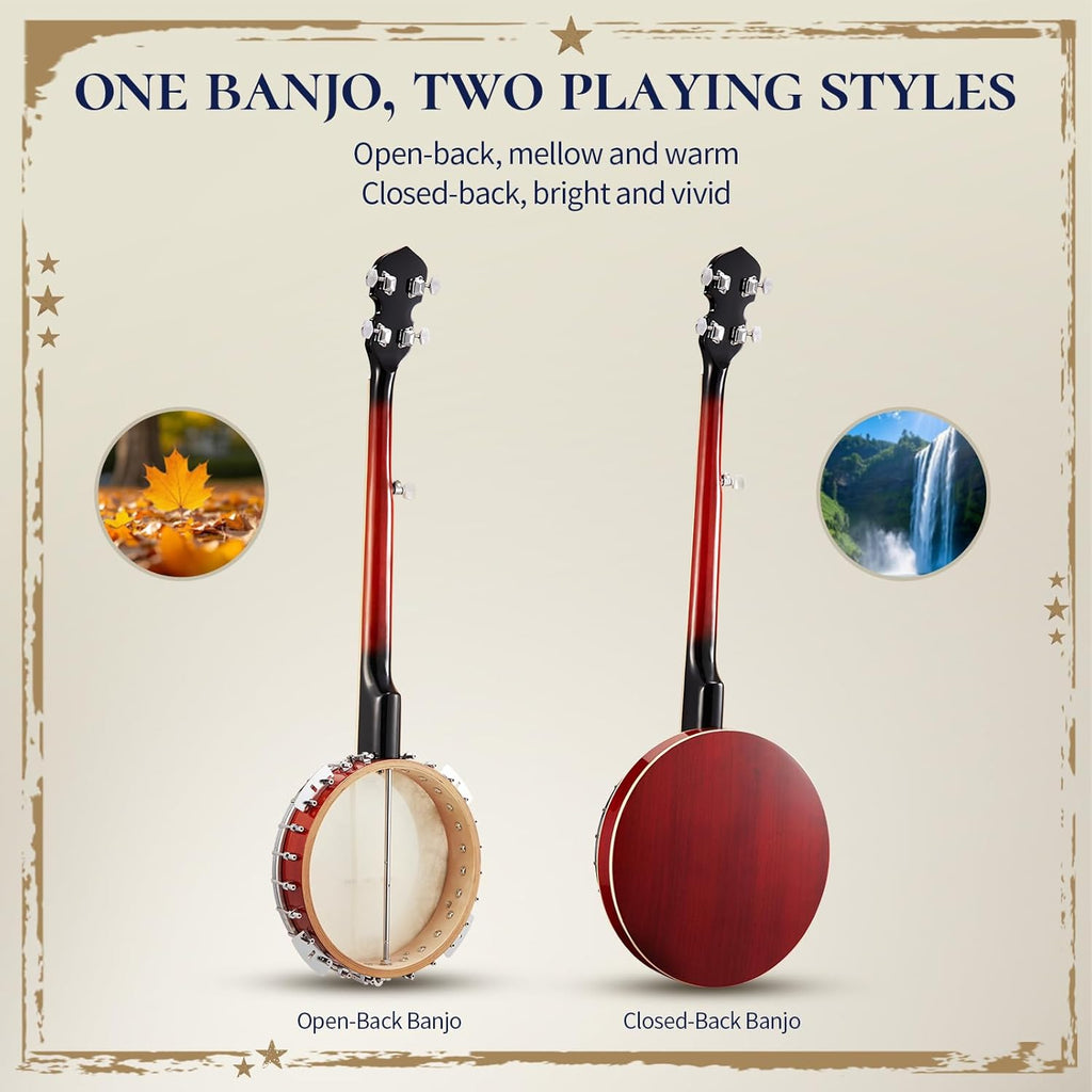 AKLOT Full-Sized Banjo Set: 38'' 5 String Banjo with Remo Head, Removable Resonator, Geared 5th Tuner, 24 Brackets, Deluxe Beginner Kit with Gig Bag, Strings, Strap, Picks, Tuner, Bridge Ruler