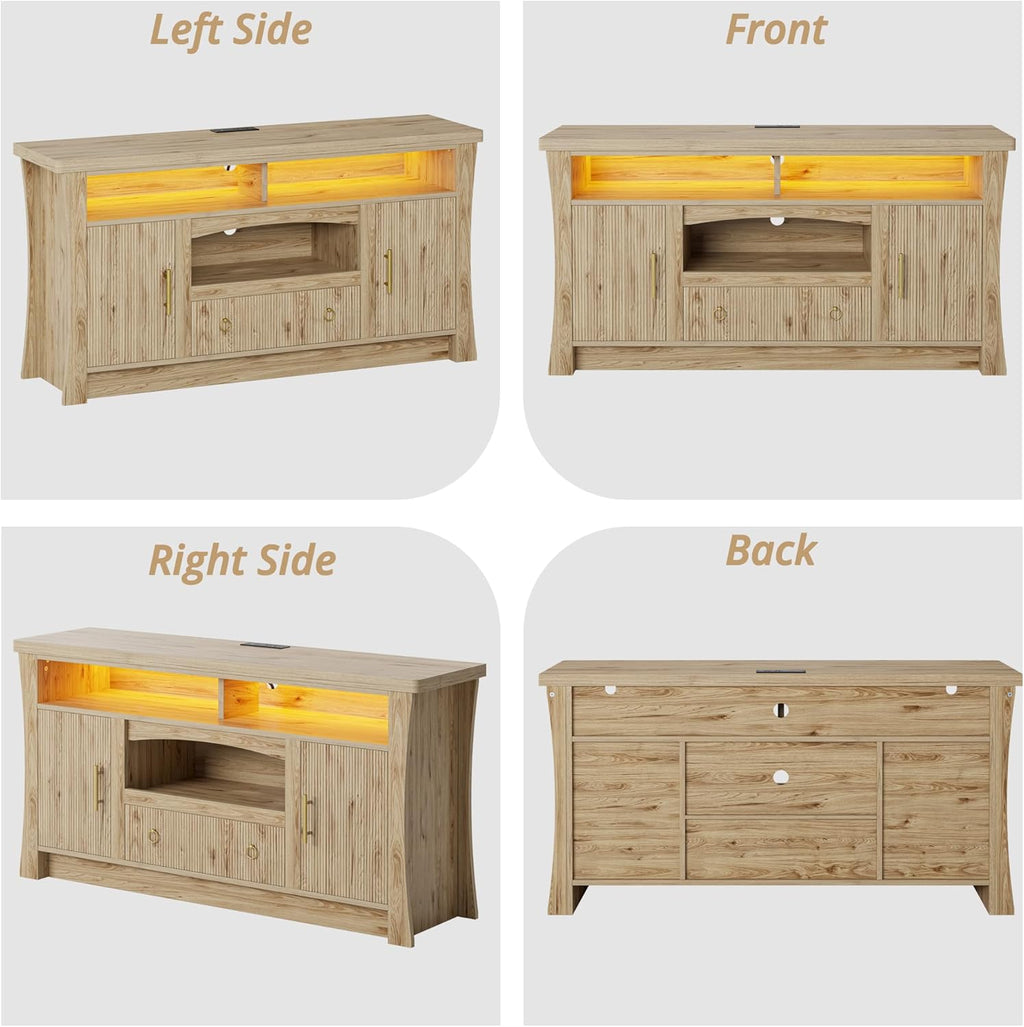 LIKIMIO TV Stand for 65 inch TVs, Entertainment Center with Power Outlet and Led Lights, TV Console with Storage Cabinets and Drawer, TV Stands for Living Room