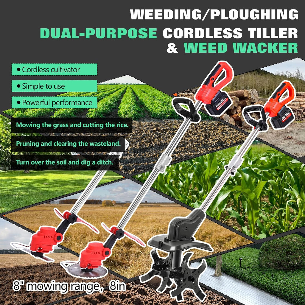 Cordless 2-in-1 Tiller & Weed Whacker Combo, 800W Brushless Motor, 12"x9" Rototiller, 8" Trimmer, 2x21v 6.0Ah Battery, Electric Weed Eater & Garden Tiller, Perfect for Lawn Care & Gardening Tools