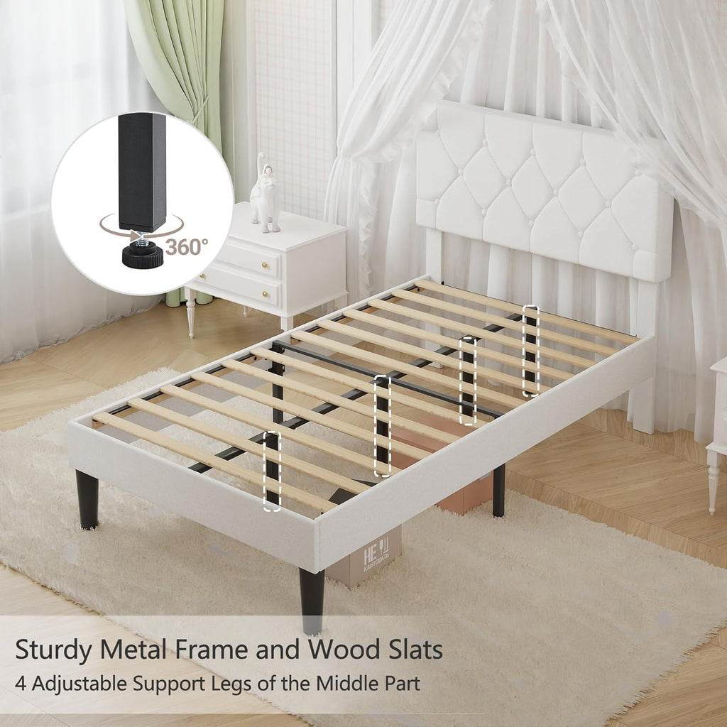 VECELO Twin Size Bed Frame with Button Tufted Headboard, Upholstered Platform Bedframe with Wood Slat Support, No Box Spring Needed, White