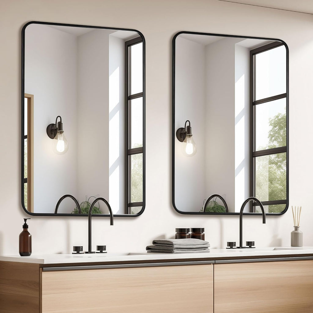 2 Pcs 24 x 36 Inch Black Metal Framed Bathroom Mirror for Wall, Rounded Rectangle Mirror Matte Black Bathroom Vanity Mirror,Anti-Rust, Hangs Horizontally or Vertically (2, Black, 24"×36")