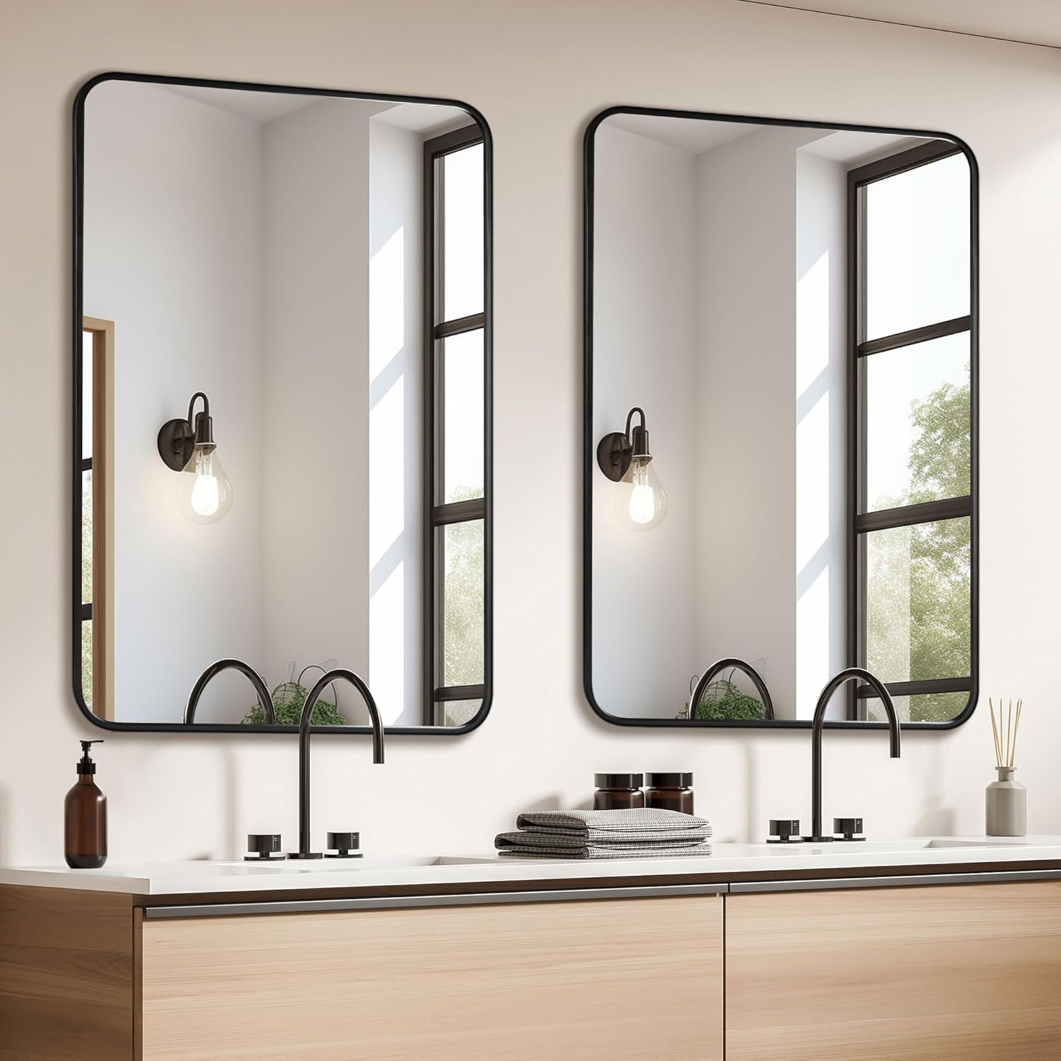 2 Pcs 24 x 36 Inch Black Metal Framed Bathroom Mirror for Wall, Rounded Rectangle Mirror Matte Black Bathroom Vanity Mirror,Anti-Rust, Hangs Horizontally or Vertically (2, Black, 24"×36")
