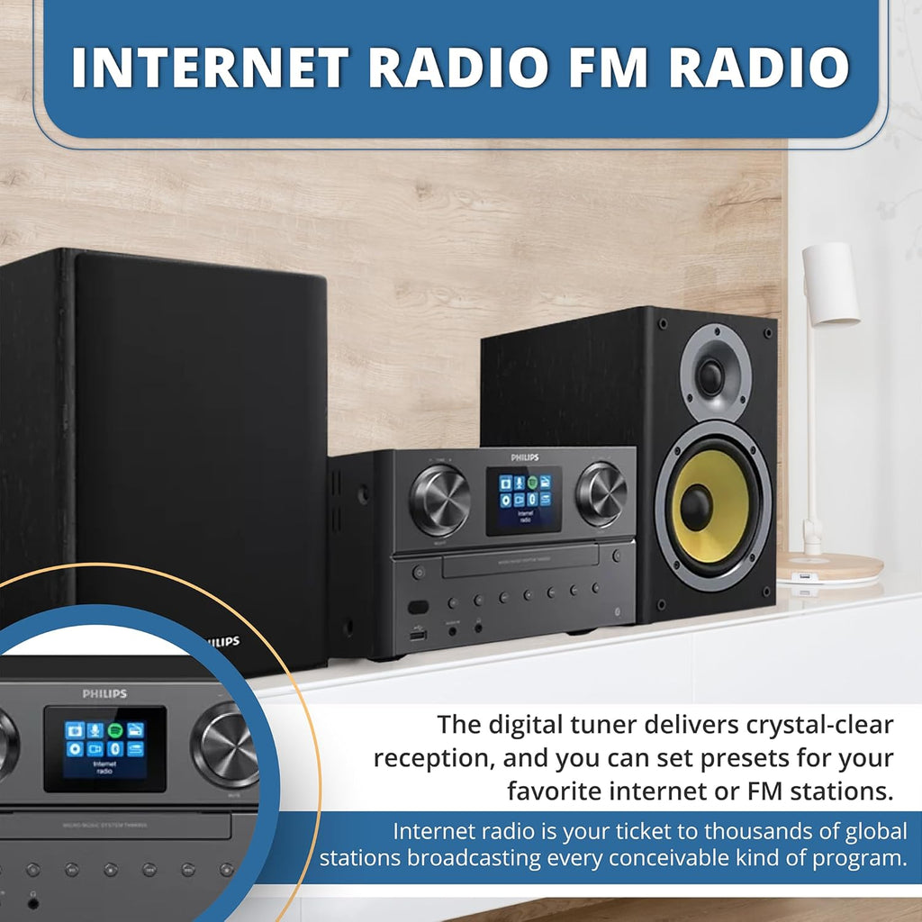 Philips Bluetooth & WiFi Stereo System for Home with CD Player, Spotify, Internet Radio, FM Radio, MP3 Playback, Crisp Highs and Rich Bass 100W, Remote Control Included