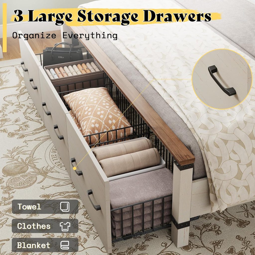 AMERLIFE Farmhouse 2-Pieces Wood Bedroom Set, Including Rustic King Size Bed Frame with 51" Tall Headboard, 6 Drawers Large Dresser Chests, Heavy-Duty Thick Plank Styling, Antique White
