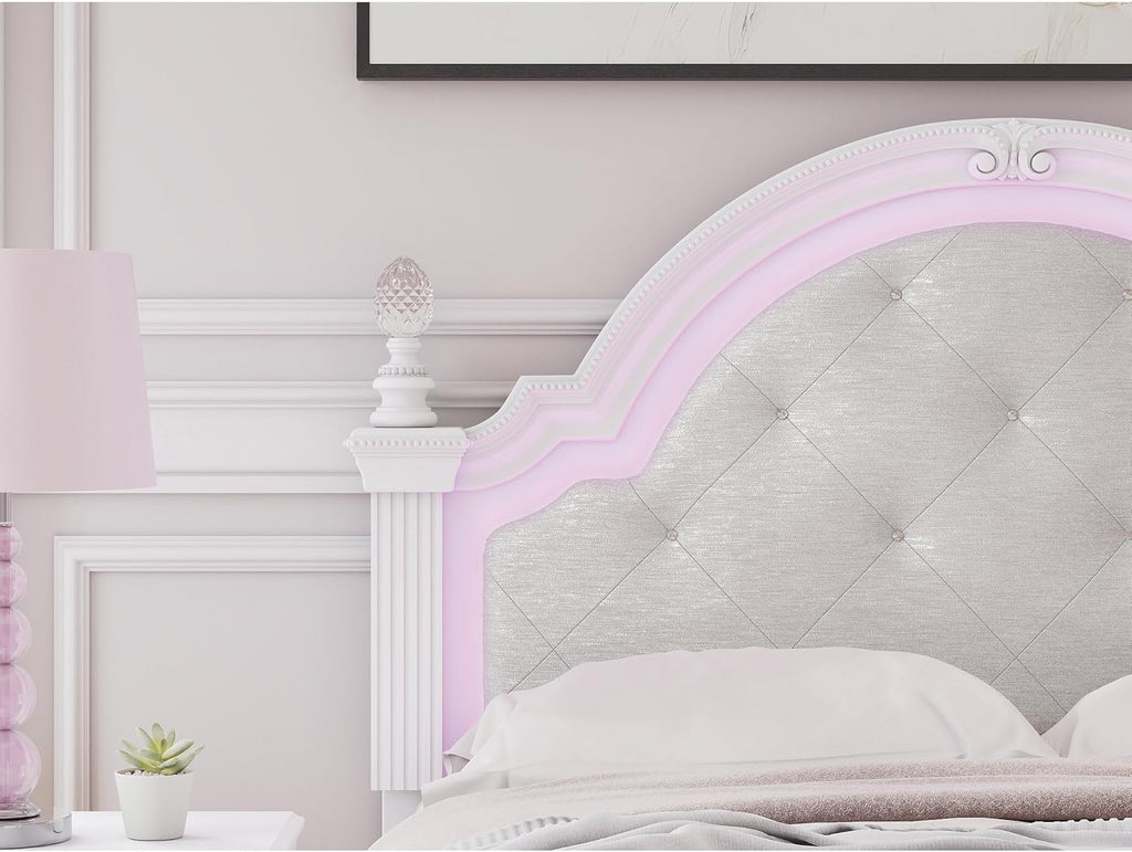 Signature Design by Ashley Maylilly Full Upholstered Panel Bedframe with LED Headboard Lights, Matte White Finish, Button‑Tufted Upholstery for Kids Bedroom