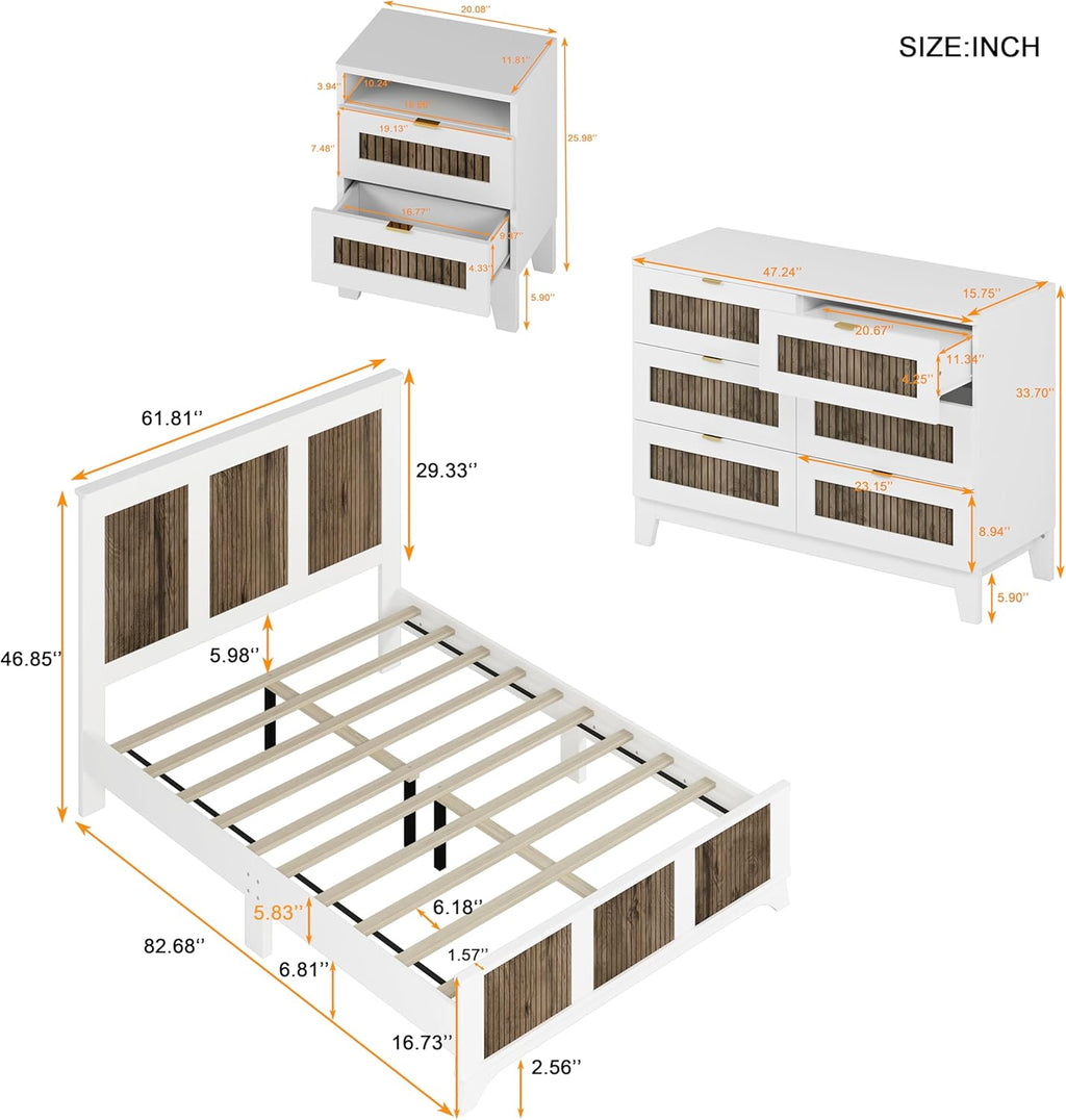Merax 4 Pieces Bedroom Sets, Queen Size Farmhouse Platform Bed with Wooden Strip Decoration, Storage Nightstand and Dresser with Metal Handle, White