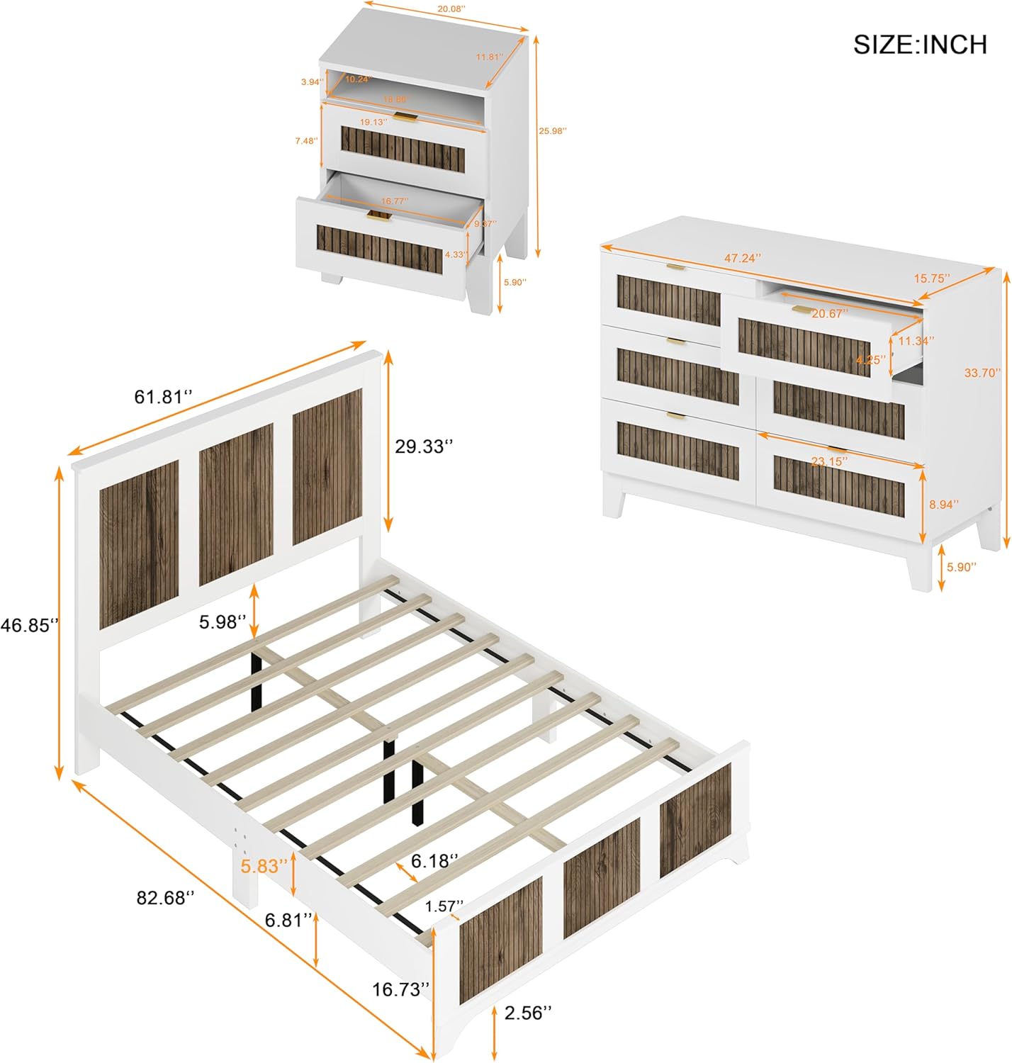 Merax 4 Pieces Bedroom Sets, Queen Size Farmhouse Platform Bed with Wooden Strip Decoration, Storage Nightstand and Dresser with Metal Handle, White