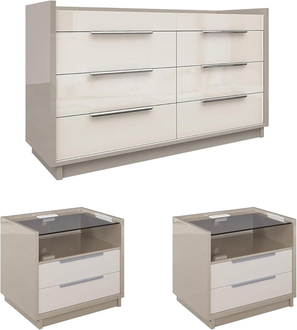AMERLIFE High Gloss Dresser Set, 3 Piece Bedroom Furniture Set, 8 Drawer Dresser with LED Light & 2 Nightstands with Charging Station, Modern UV Finish, Bedroom Storage Organizer, Cream & Grey