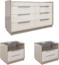 AMERLIFE High Gloss Dresser Set, 3 Piece Bedroom Furniture Set, 8 Drawer Dresser with LED Light & 2 Nightstands with Charging Station, Modern UV Finish, Bedroom Storage Organizer, Cream & Grey
