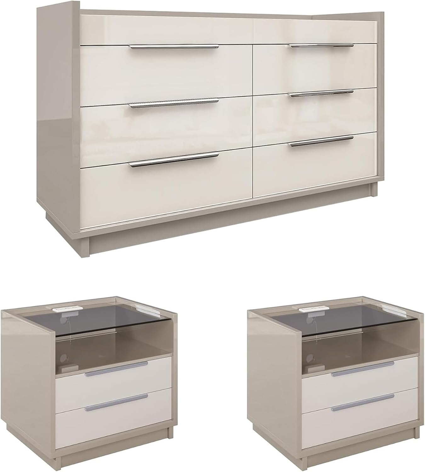 AMERLIFE High Gloss Dresser Set, 3 Piece Bedroom Furniture Set, 8 Drawer Dresser with LED Light & 2 Nightstands with Charging Station, Modern UV Finish, Bedroom Storage Organizer, Cream & Grey