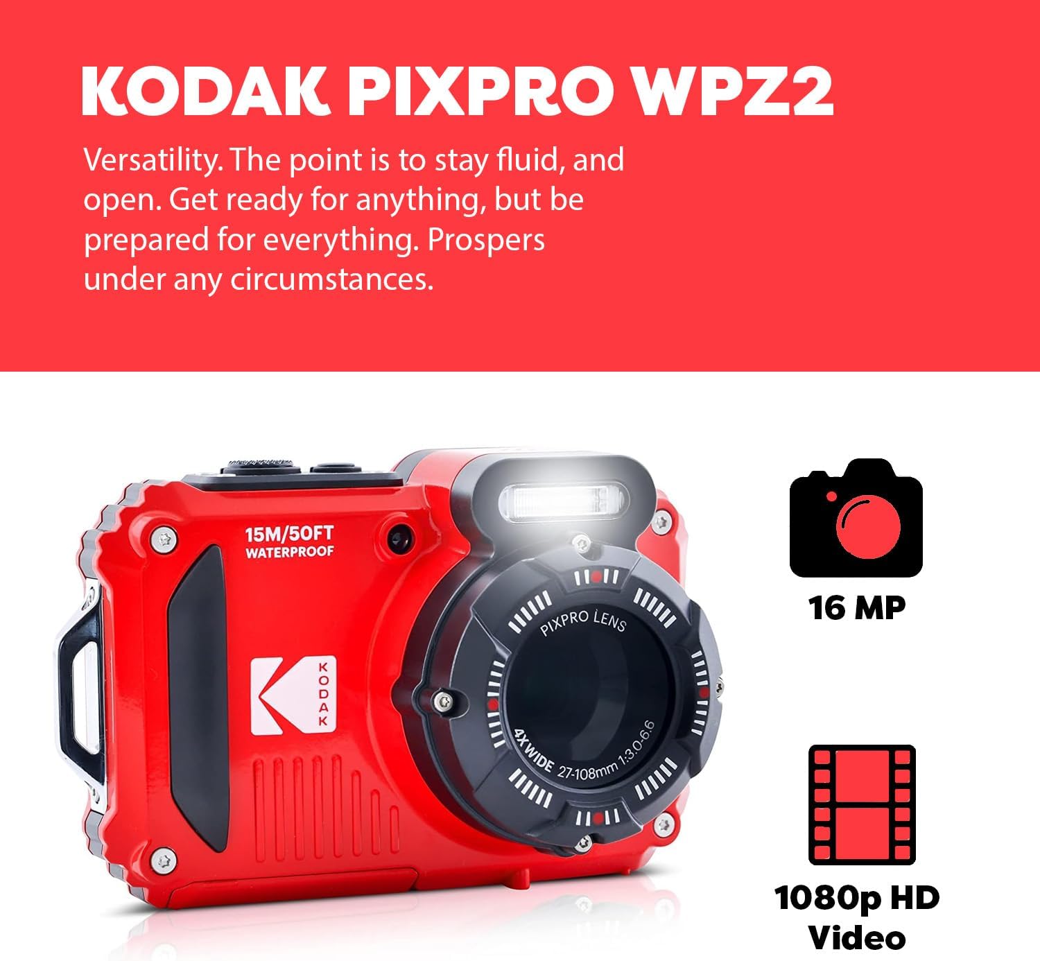 KODAK PIXPRO WPZ2 Rugged Waterproof Digital Camera, Red Bundles with Case, Monopod, Card Reader and More (9 Items)