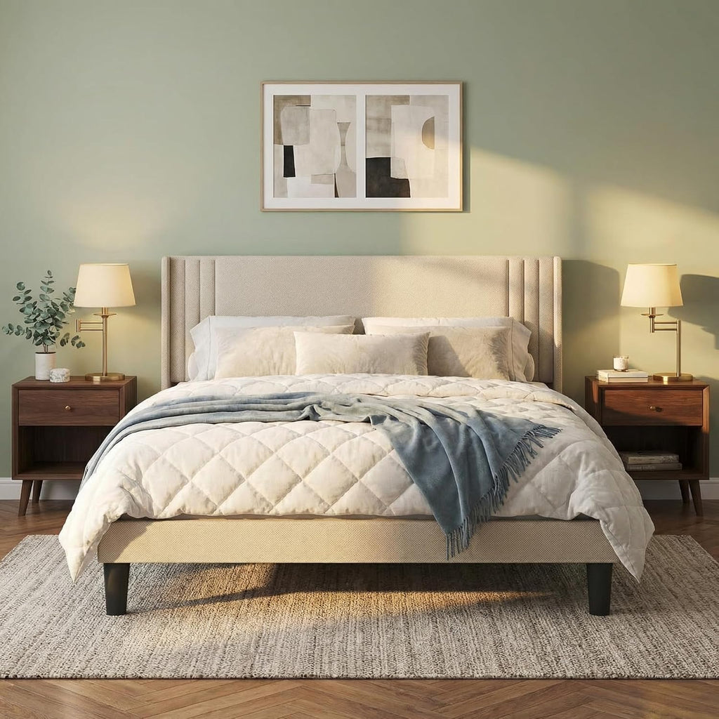 Gizoon Queen Bed Frame with Wingback Headboard, Upholstered Platform Bed, Wooden Slats, Noise-Free, No Box Spring Needed, Easy Assembly