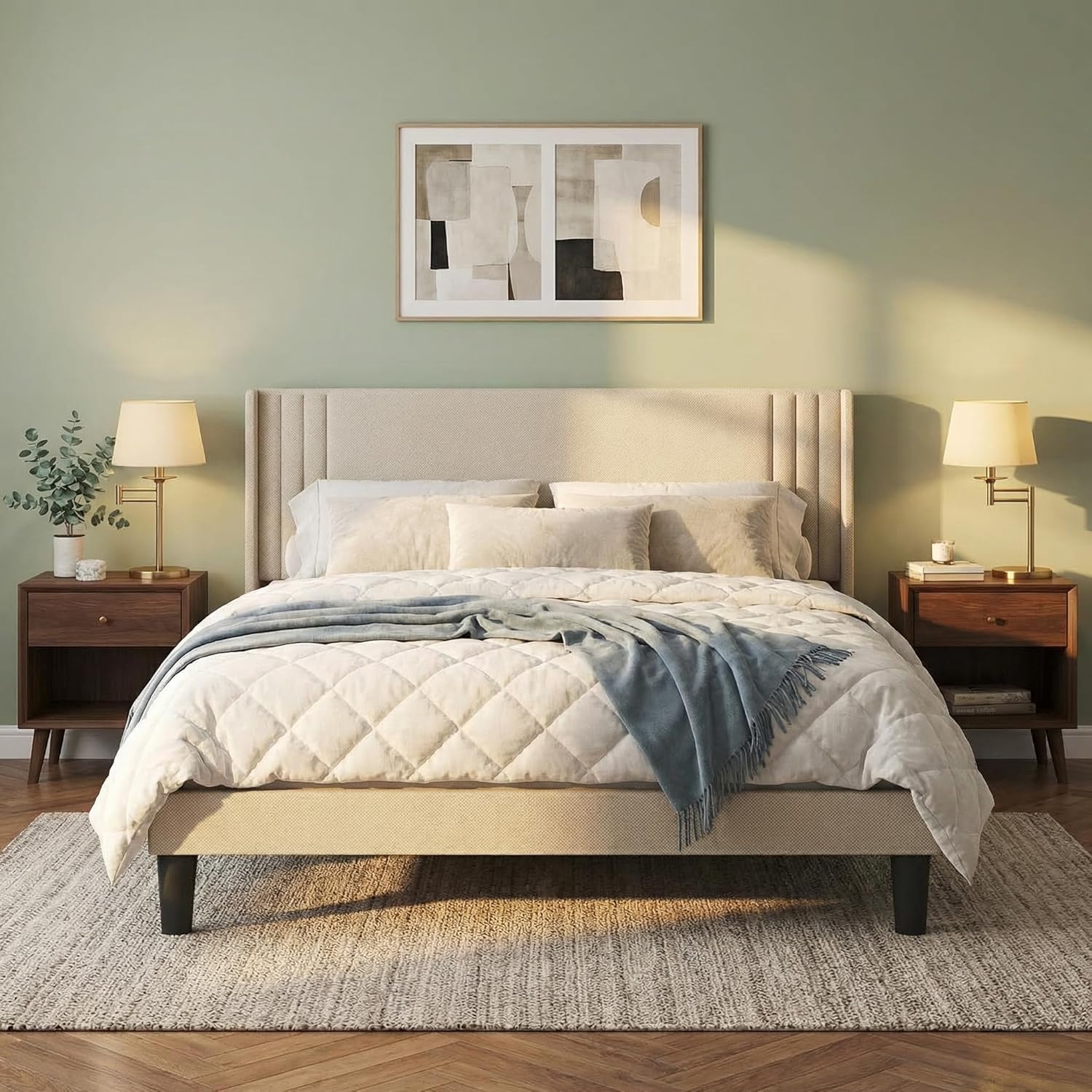 Gizoon Queen Bed Frame with Wingback Headboard, Upholstered Platform Bed, Wooden Slats, Noise-Free, No Box Spring Needed, Easy Assembly