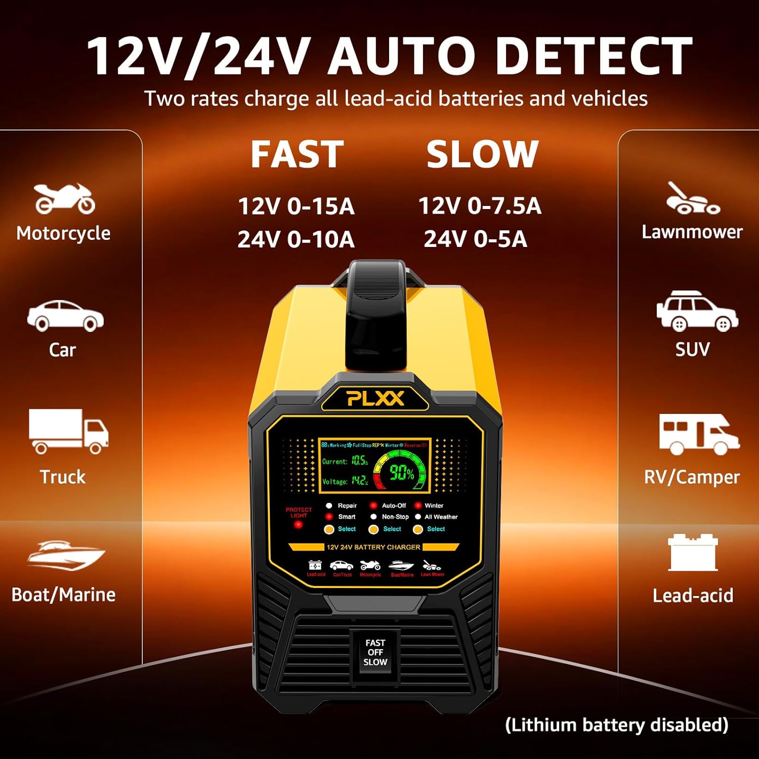 PLXX 12V 24V Car Battery Charger Heavy Duty 0-15A Automatic Smart Trickle Charger with Auto Shutoffs, Repair, Winter Mode, for Automotive Car Truck Motorcycle Lawn Mower Boat Marine AGM