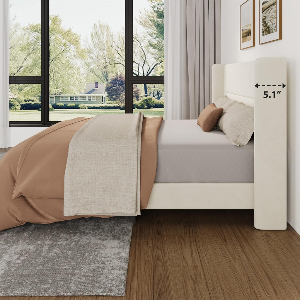 Garvee Queen Size Bed Frame with Wingback Headboard, Velvet Upholstered Platform Bedframe with Wood Slats, No Box Spring Needed, Easy Assembly, Beige