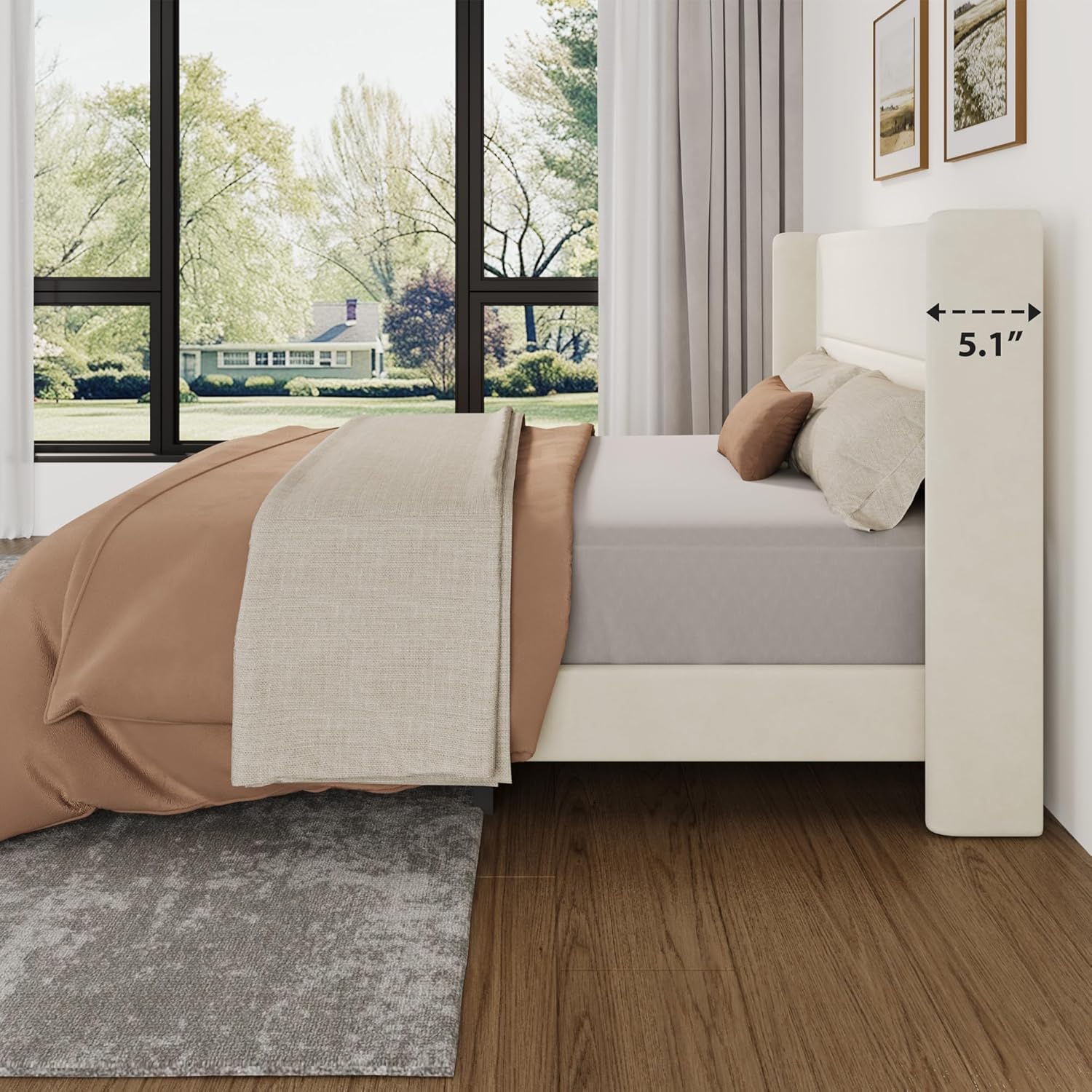 Garvee Queen Size Bed Frame with Wingback Headboard, Velvet Upholstered Platform Bedframe with Wood Slats, No Box Spring Needed, Easy Assembly, Beige