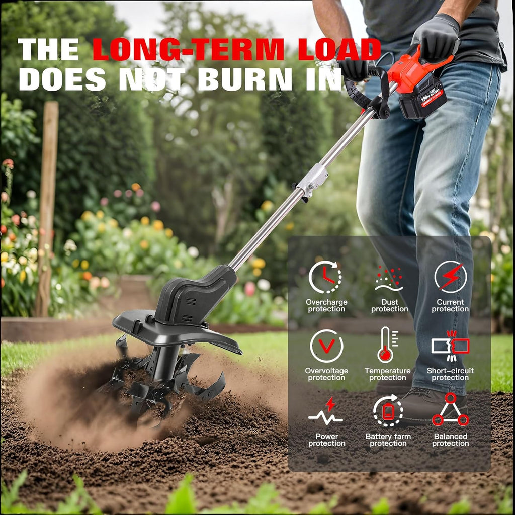 Cordless 2-in-1 Tiller & Weed Whacker Combo, 800W Brushless Motor, 12"x9" Rototiller, 8" Trimmer, 2x21v 6.0Ah Battery, Electric Weed Eater & Garden Tiller, Perfect for Lawn Care & Gardening Tools