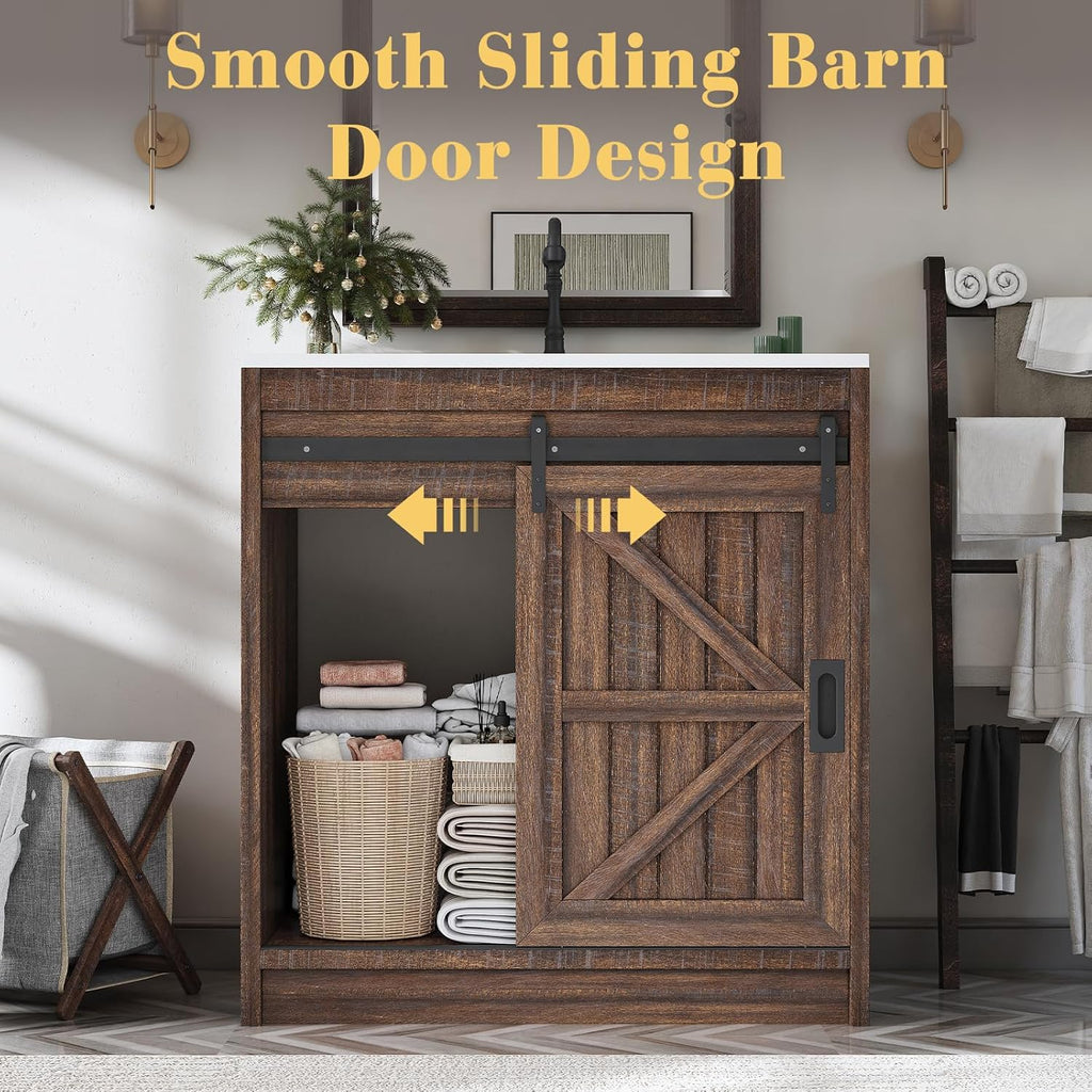 LUXOAK 30" Farmhouse Sliding Barn Door Bathroom Vanity with Sink Combo, Bathroom Vanity Cabinet with Drawers & Metal Handles, Freestanding, Reclaimed Barnwood