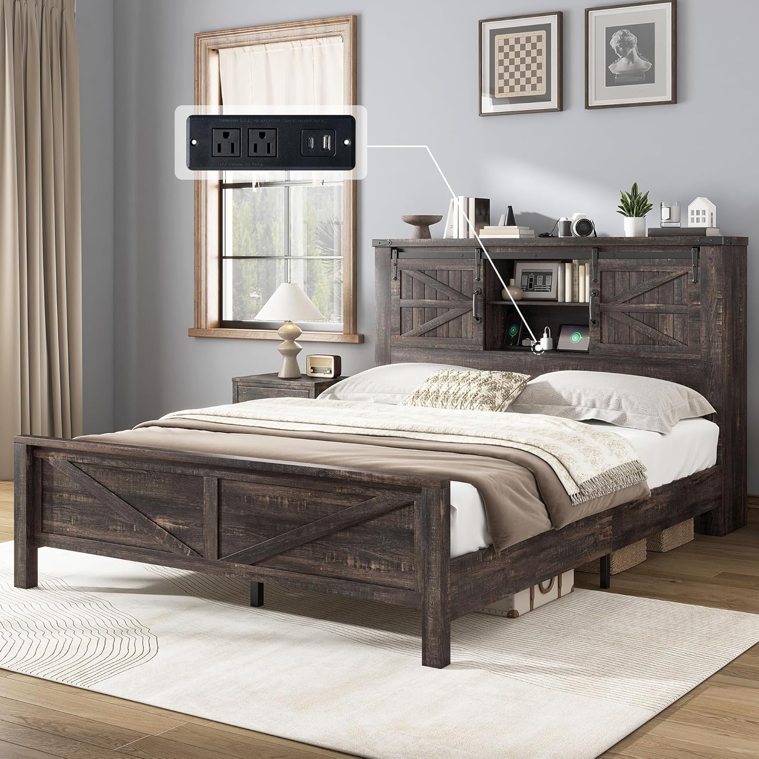 AMERLIFE Farmhouse Queen Bed Frame with Storage Headboard & Charging Station, Rustic Wood Platform Bed with Barn Door Bookcase, No Box Spring Needed, Dark Oak Bedroom Furniture