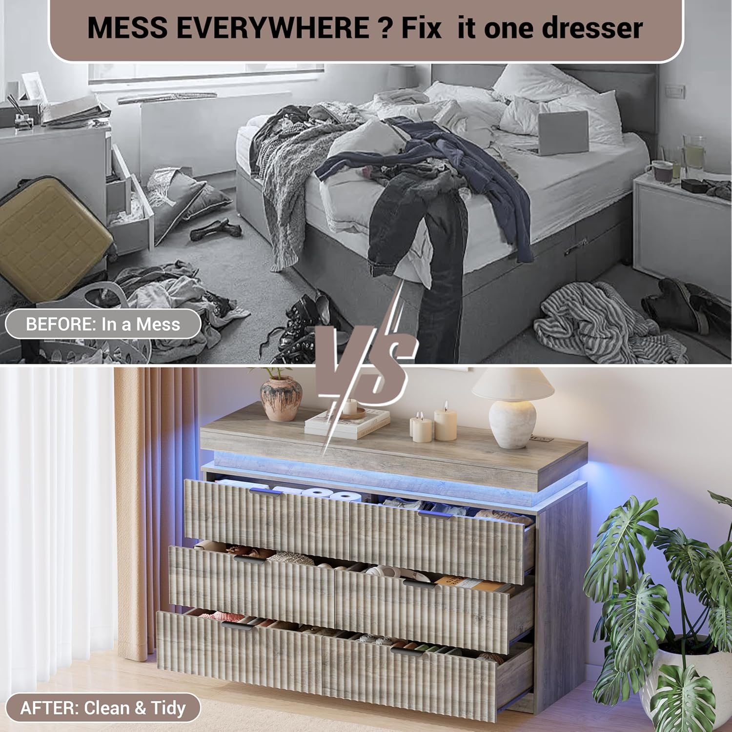 Dresser for Bedroom with RGB LED Lights and Charging Station, 6 Drawers Wooden Chest of Drawers, 47.2" Wide Fluted TV Stand, Closet Clothes Storage Organizer for Living Room, Hallway, Grey