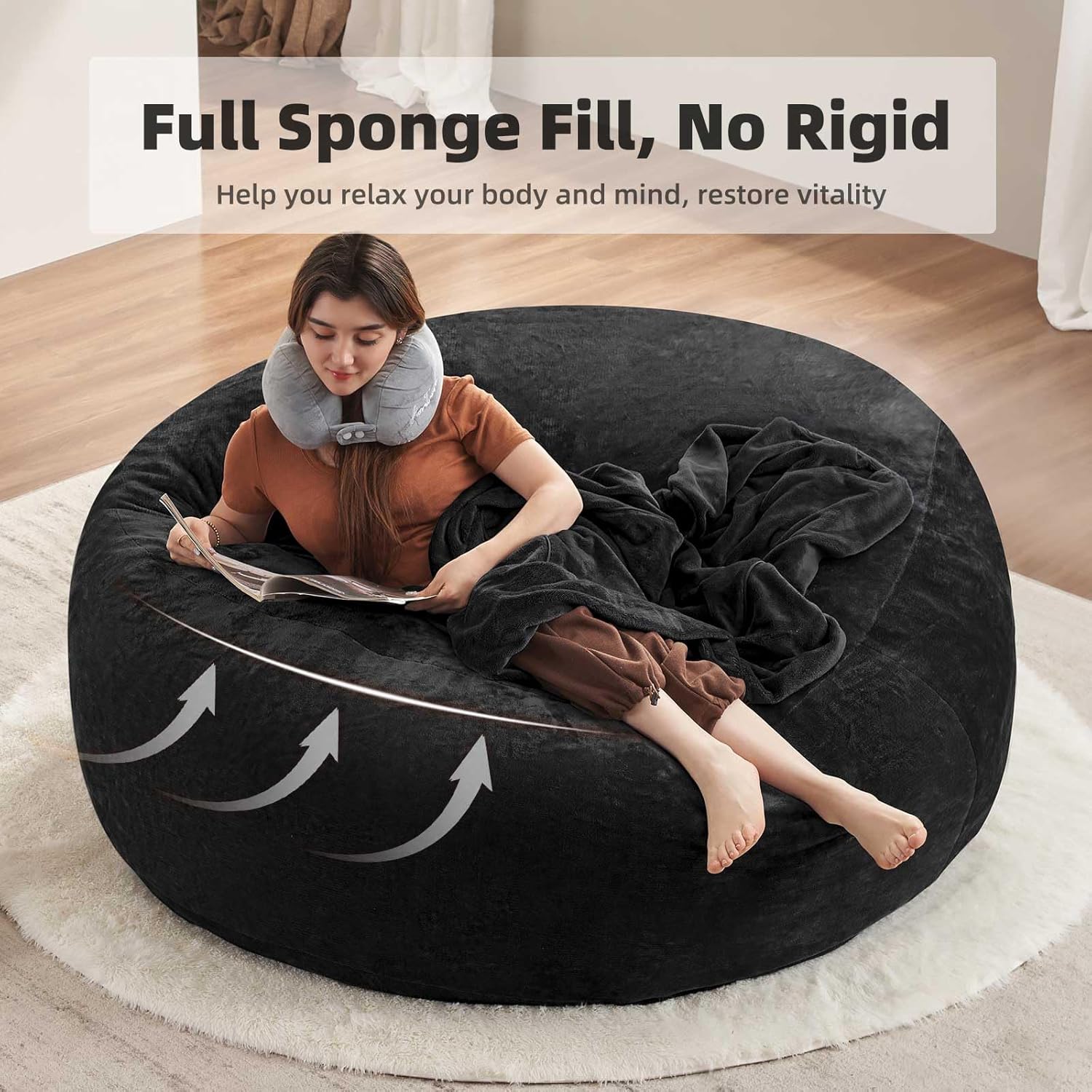 Big Bean Bag Chairs for Adults .Bean Bag Chair with Filler .Memory Foam Chair .Removable and Washable Flannel Cover, Giant Bean Bag, Suitable for Living Room, Bedroom and Reading (Black, 6Ft)