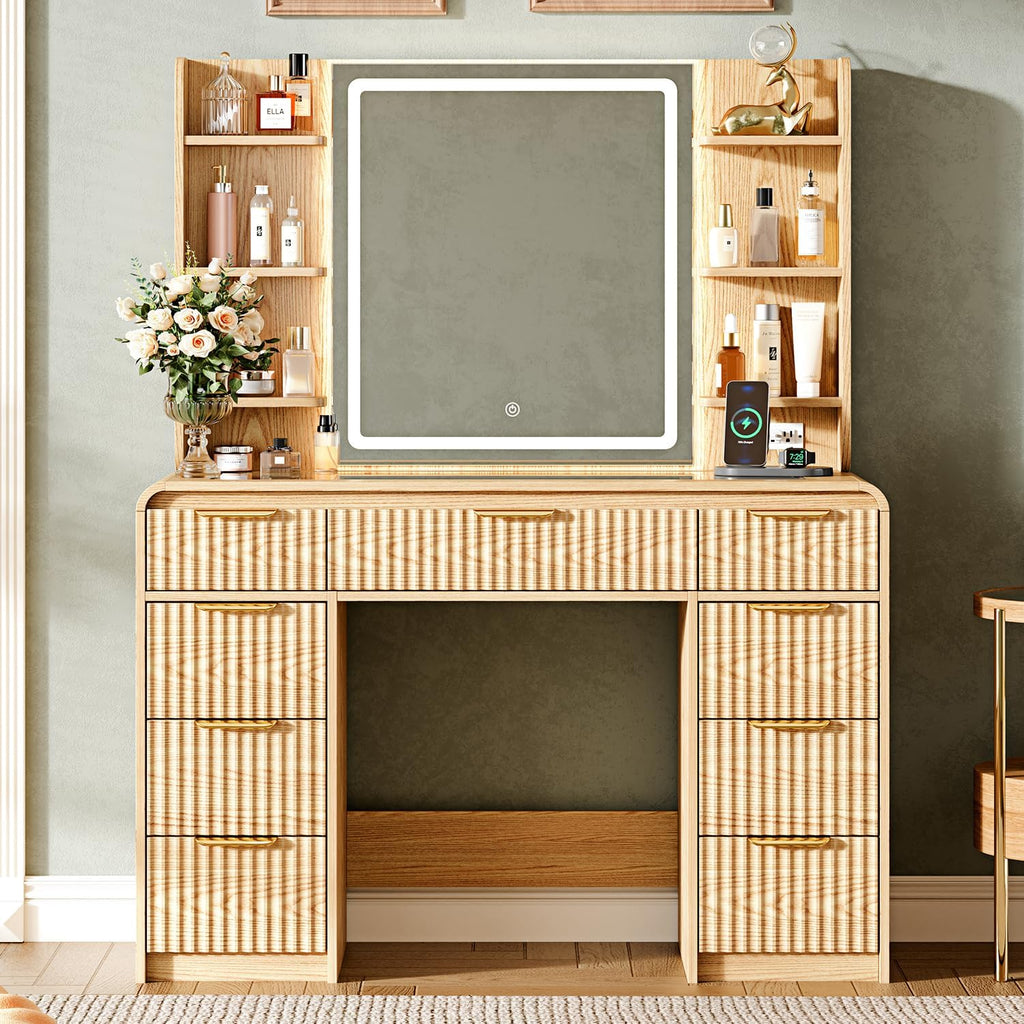 43" Makeup Vanity Desk with Mirror and Lights&Power Outl, 3 Adjustable Light Color,Glass Top Big Vanity Table with 9 Drawers & 6 Shelves,Girls Vanity for Bedroom, Oak