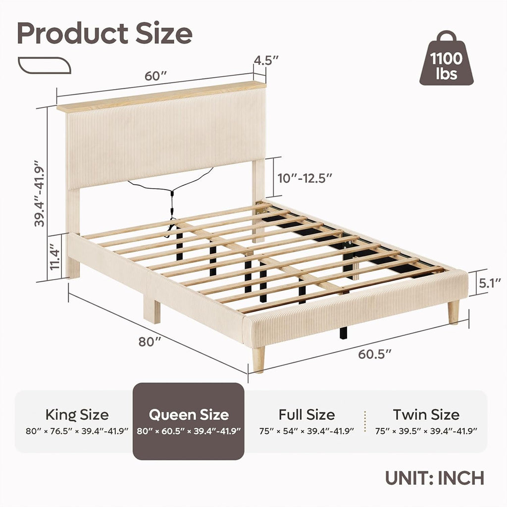 Bestier Queen Bed Frame with Adjustable Headboard & LEDLighting, Corduroy Upholstered Platform Bed Frame withStorage Shelf, Solid Wood Slats, No Box Spring Needed,Never Squeak, Easy Assembly, Beige