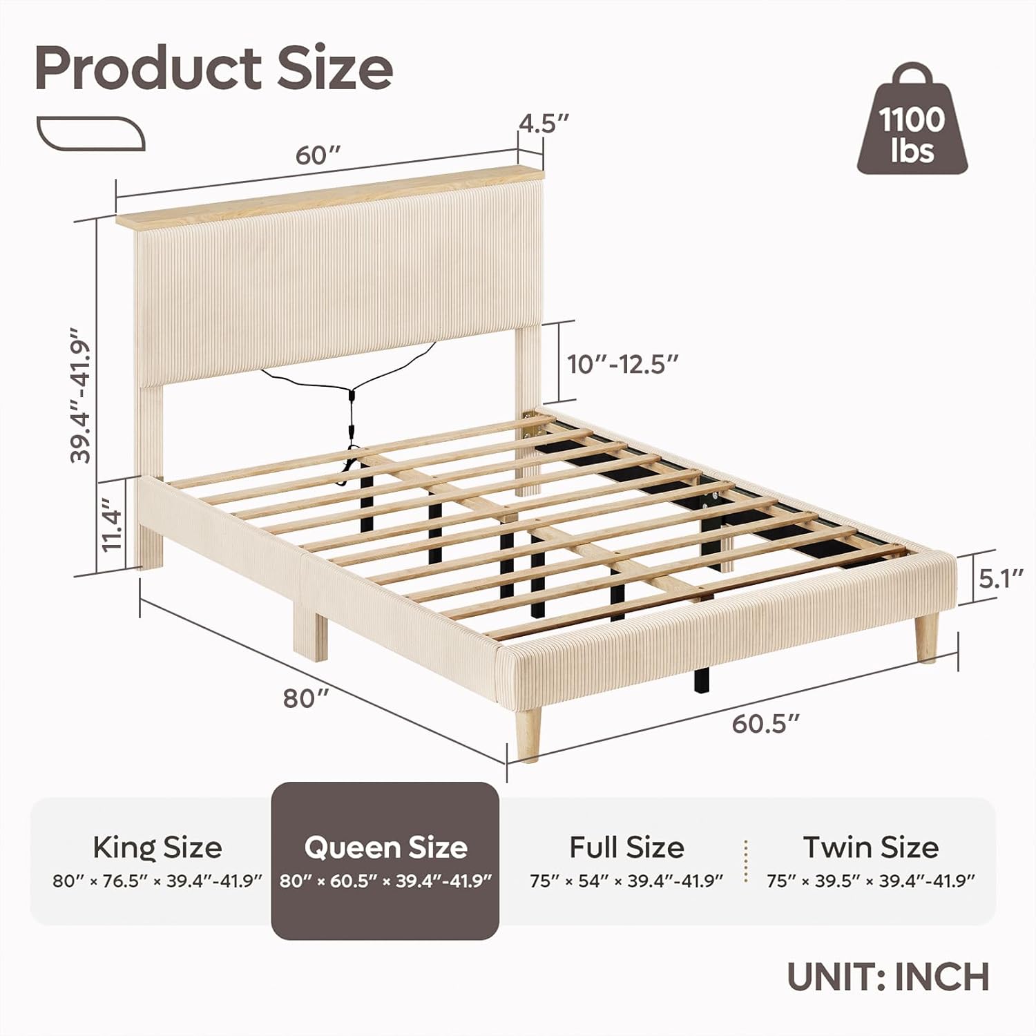 Bestier Queen Bed Frame with Adjustable Headboard & LEDLighting, Corduroy Upholstered Platform Bed Frame withStorage Shelf, Solid Wood Slats, No Box Spring Needed,Never Squeak, Easy Assembly, Beige
