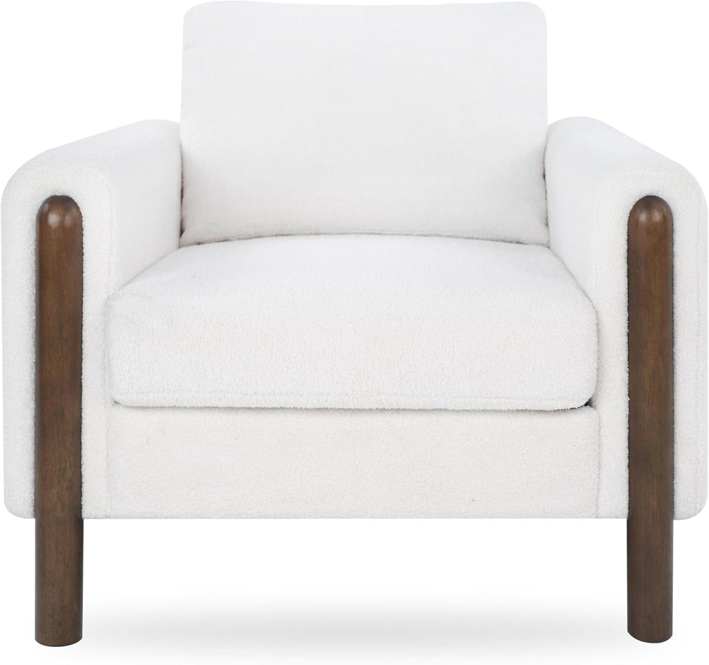 GDFStudio Teddy Fabric Accent Chair with Curved Armrests, Upholstered Single Sofa Chair with Walnut Wood Legs & Back Pillow, Comfy Reading Chair for Living Room Bedroom, White
