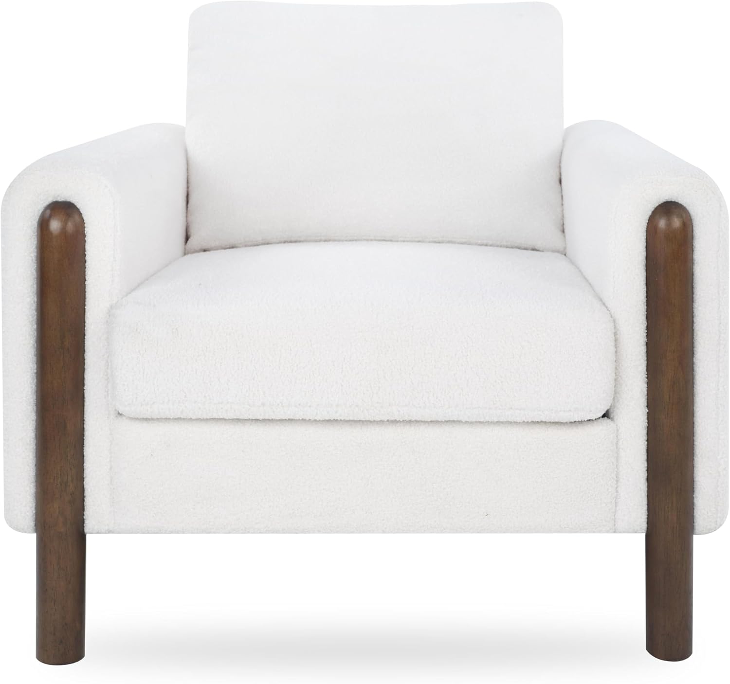 GDFStudio Teddy Fabric Accent Chair with Curved Armrests, Upholstered Single Sofa Chair with Walnut Wood Legs & Back Pillow, Comfy Reading Chair for Living Room Bedroom, White