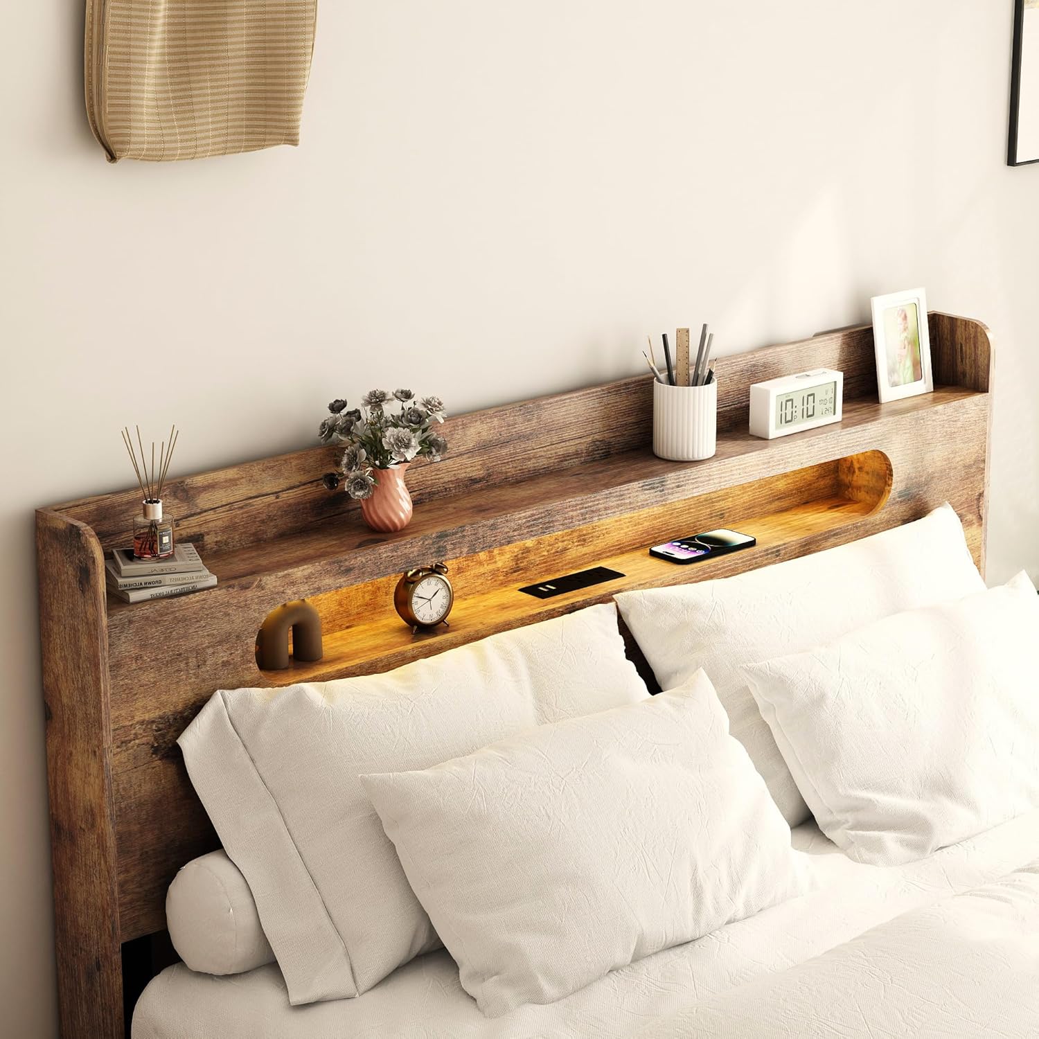 Wooden Queen Size Bed Frame with Storage Headboard, Farmhouse Platform Bedframe with Charging Station & Led Lights, Sturdy Wood Slat Framework, Easy Assembly (Rustic Brown Led)