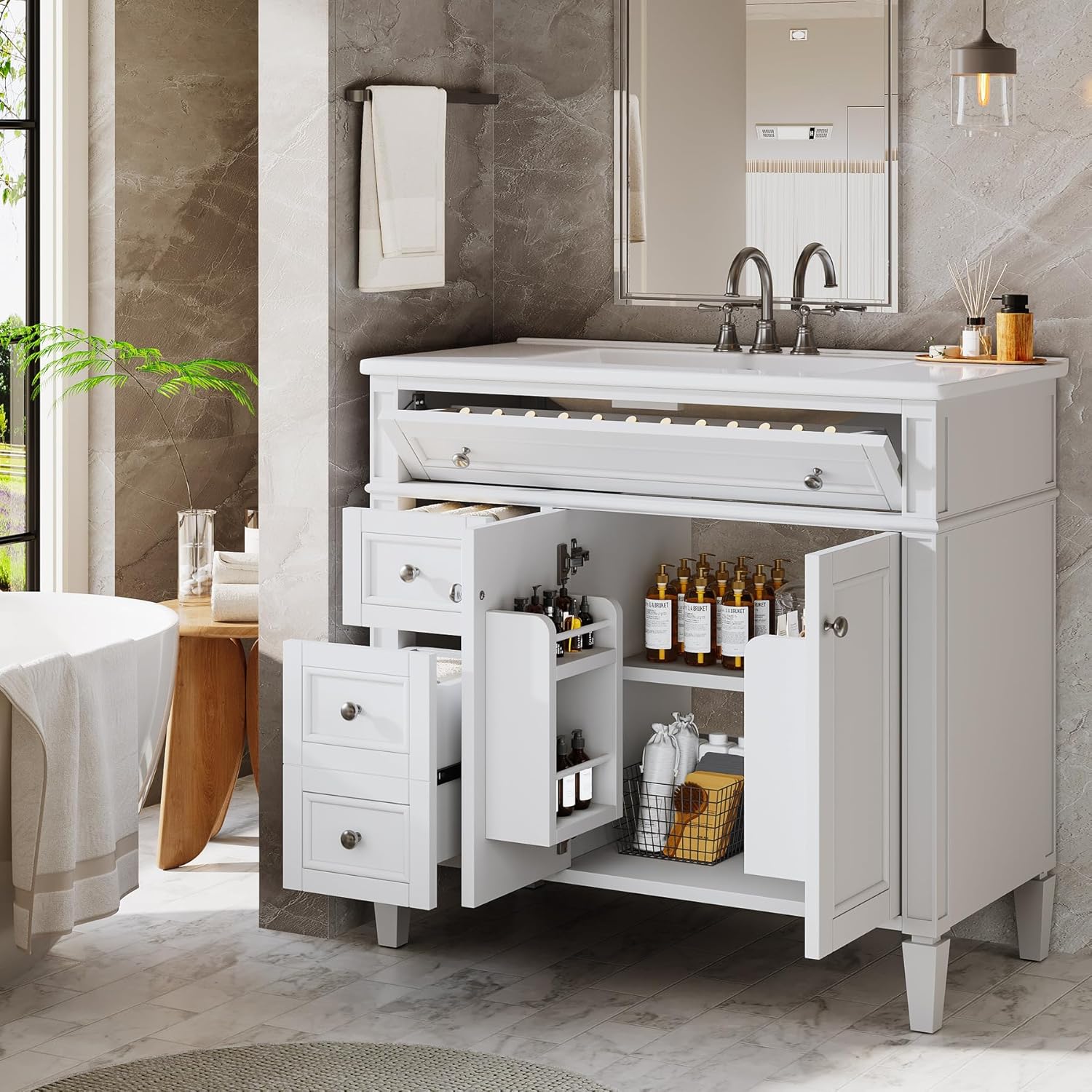 Tribesigns 36" Bathroom Vanity with Sink, Modern Bathroom Sink Cabinet with 4 Drawers & 2 Doors, Bath Storage Vanity Sink with Metal Handles, Solid Wood Frame, Paint Surface White