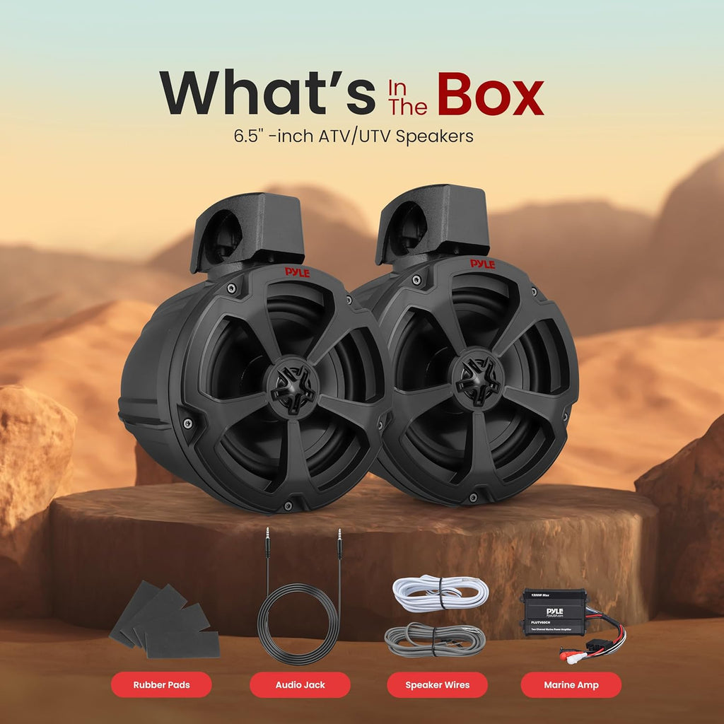 Pyle 6.5" Marine Speakers, Water-Resistant with 2-Channel Amplifier, Waterproof Audio for Boat, Jeep, ATV, UTV, Off-Road, 1200W Power, 8.1" x 8.9" x 10.5" with Brackets