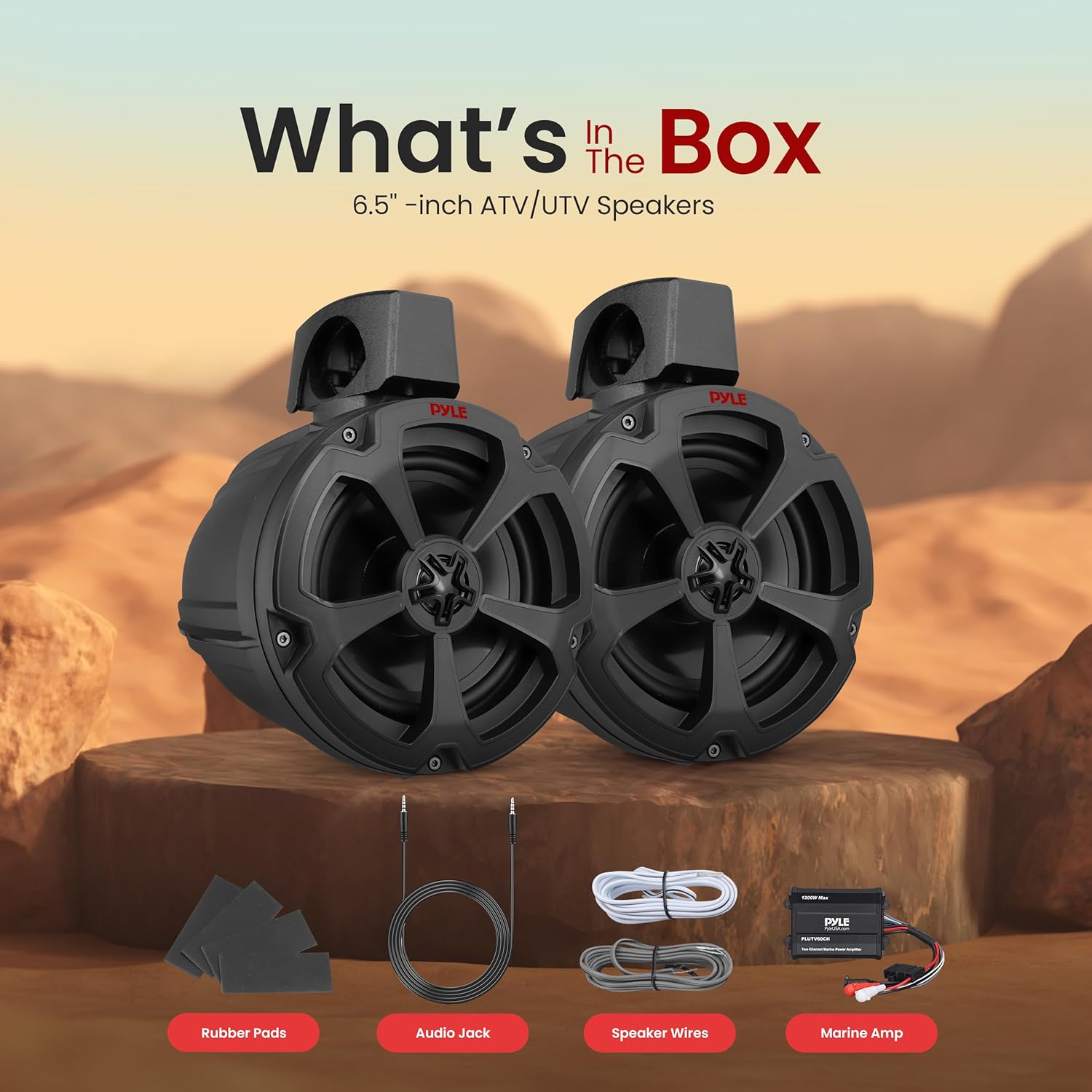Pyle 6.5" Marine Speakers, Water-Resistant with 2-Channel Amplifier, Waterproof Audio for Boat, Jeep, ATV, UTV, Off-Road, 1200W Power, 8.1" x 8.9" x 10.5" with Brackets