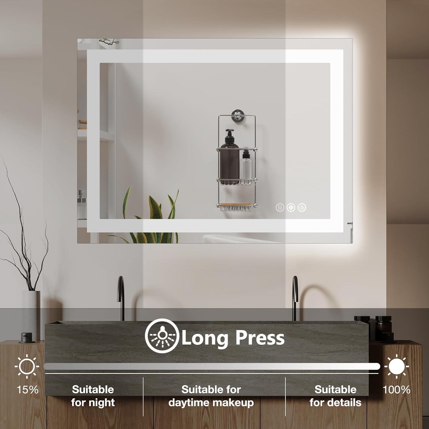 NEWBULIG 36"x36" Smart Anti-Fog LED Bathroom Mirror with Front Light & Backlit, 3 Color Modes, Dimmable, Memory Function, Wall-Mounted Modern Rectangular Vanity Mirror, White