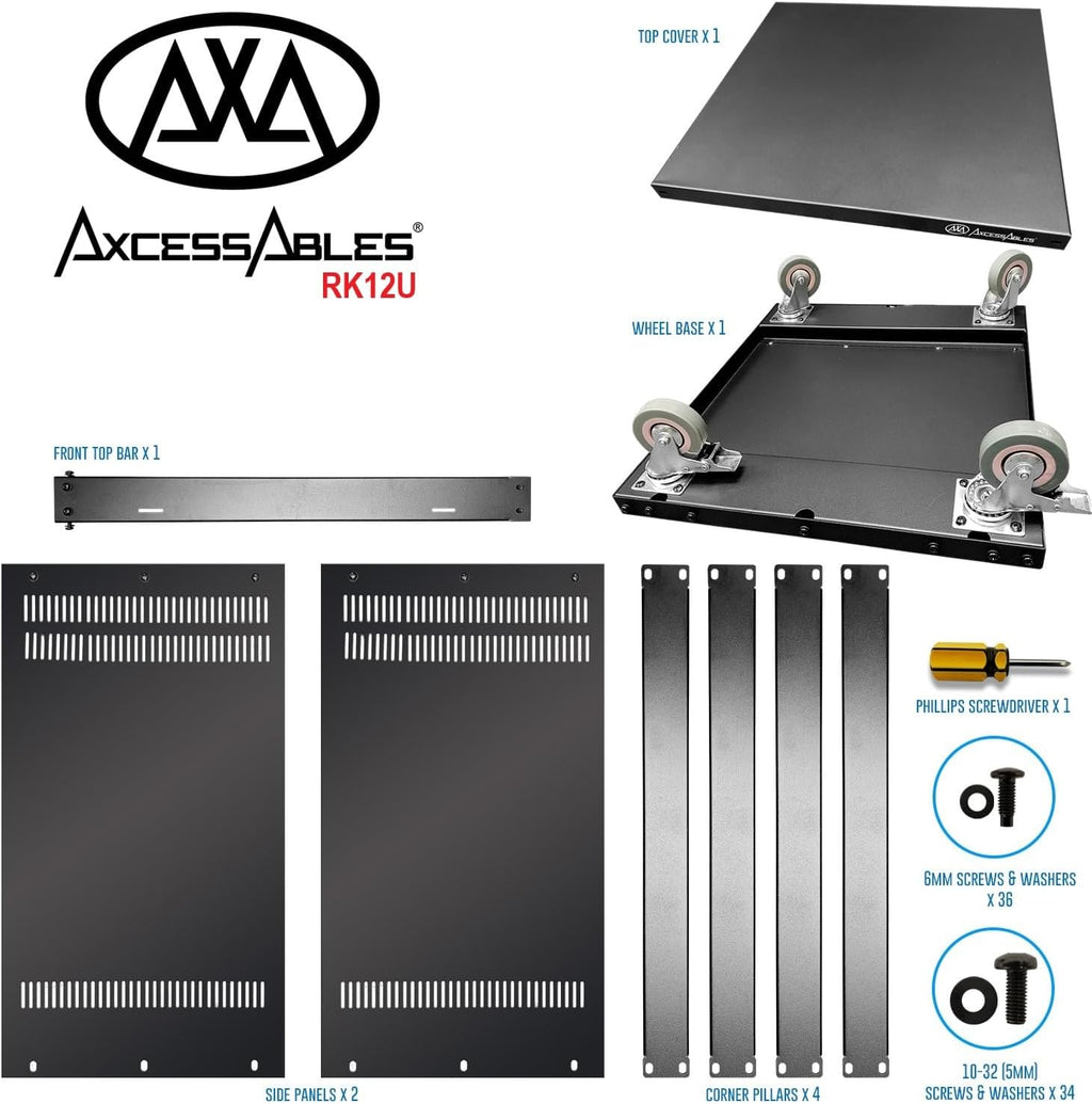 AxcessAbles 12U AV Equipment Rack | 19-Inch Steel Open Frame Home Studio Rack with 3” Caster Wheels | Universal Case for Studio, Server, Network Gear | 550lb Capacity | Screws, Spacer, Tool Included