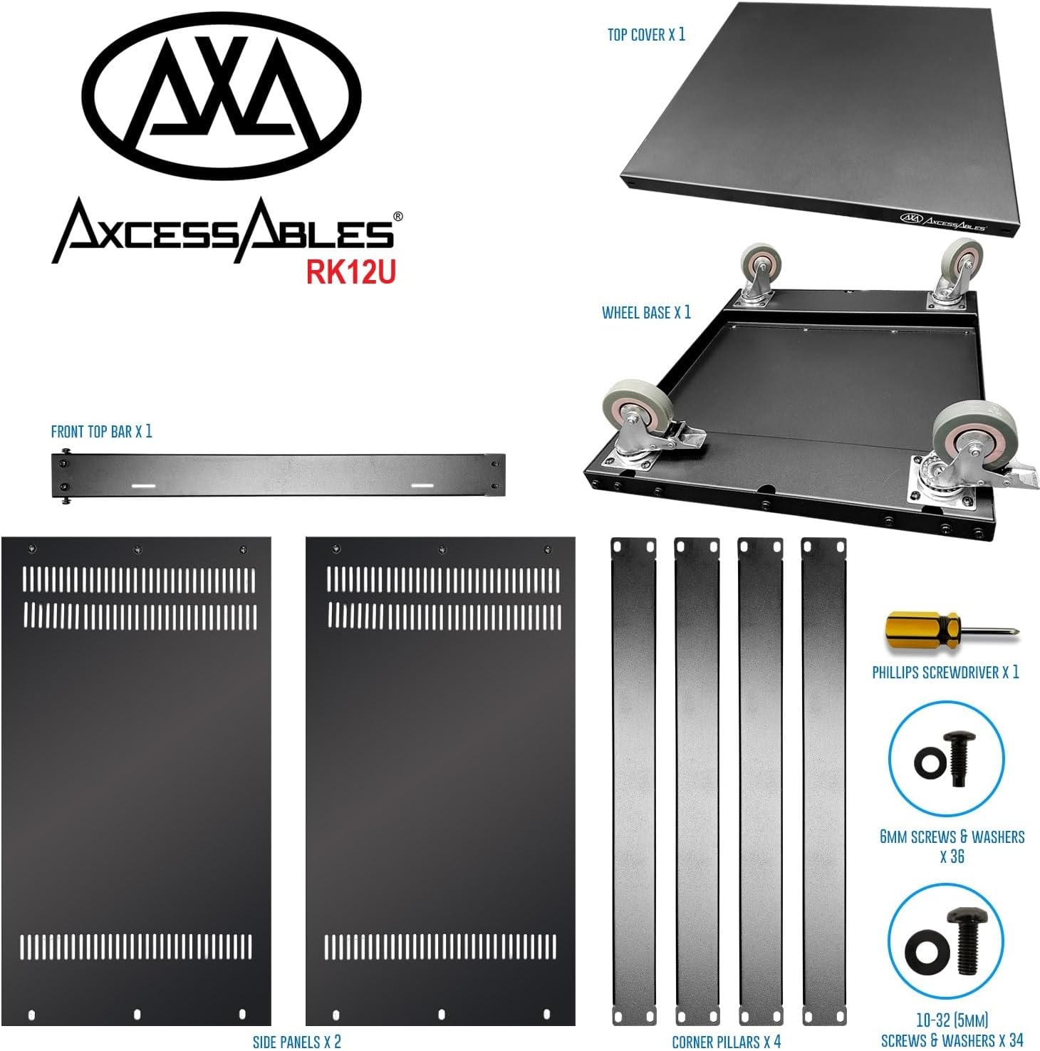 AxcessAbles 12U AV Equipment Rack | 19-Inch Steel Open Frame Home Studio Rack with 3” Caster Wheels | Universal Case for Studio, Server, Network Gear | 550lb Capacity | Screws, Spacer, Tool Included