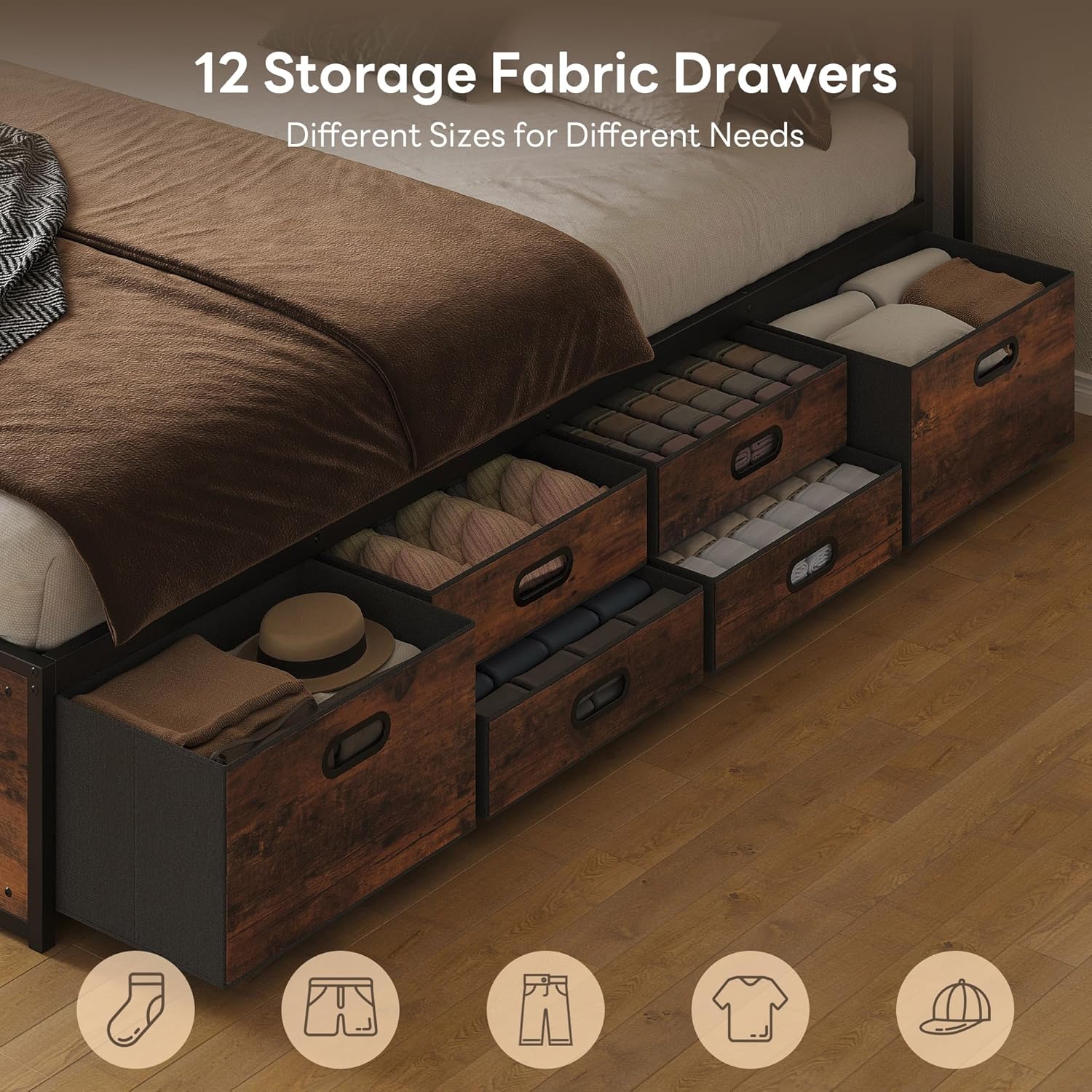 LIKIMIO King Bed Frame with 12 Fabric Storage Drawers, Industrial Platform Bed Frame with Headboard, No Box Spring Needed, Sturdy Metal Slat Support, Rustic Brown, Noise-Free, Easy Assembly